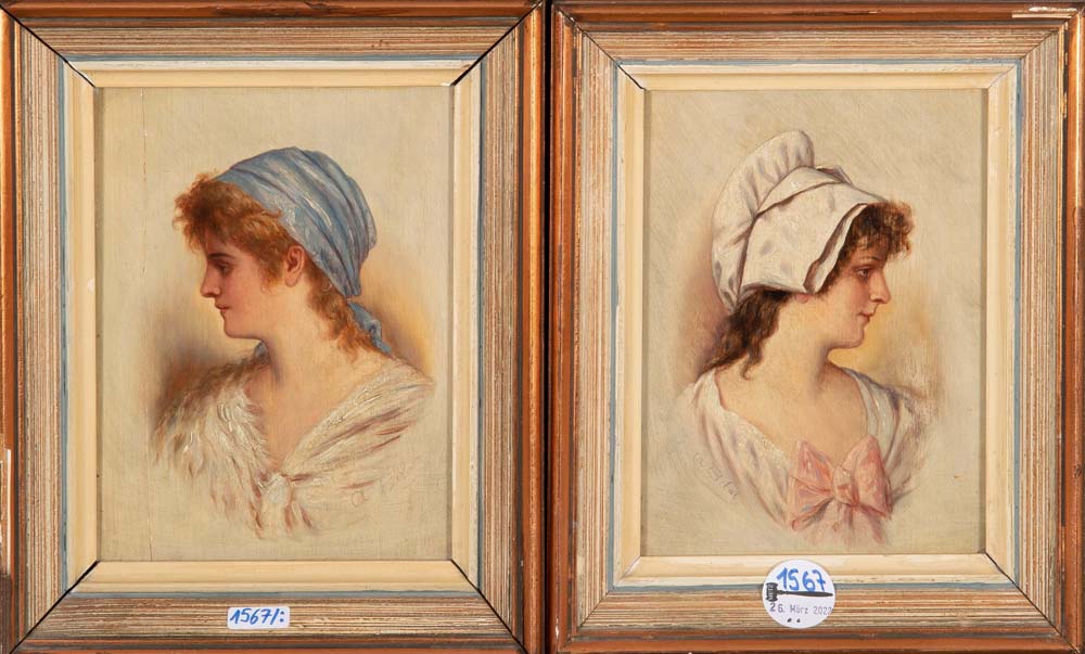 Albert Belot (Maler des 19./20. Jhs.). Zwei Damenporträts. Öl/Holz, gerahmt, re./u./sign., je 21 x