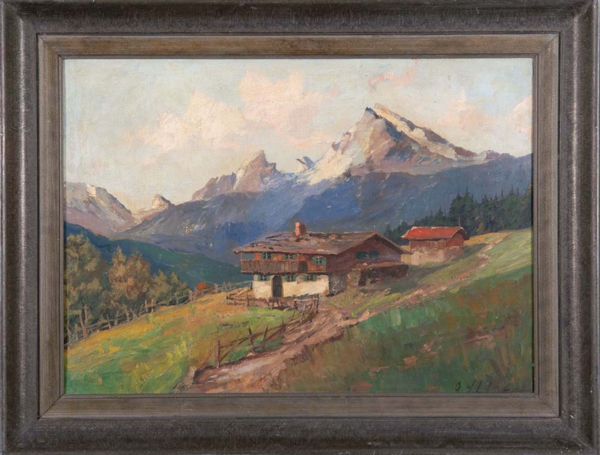 Adolf Schlüter (geb. 1890). Almhütte mit Watzmann. Öl/Malkarton, gerahmt, re./u./sign., 53,5 x 77