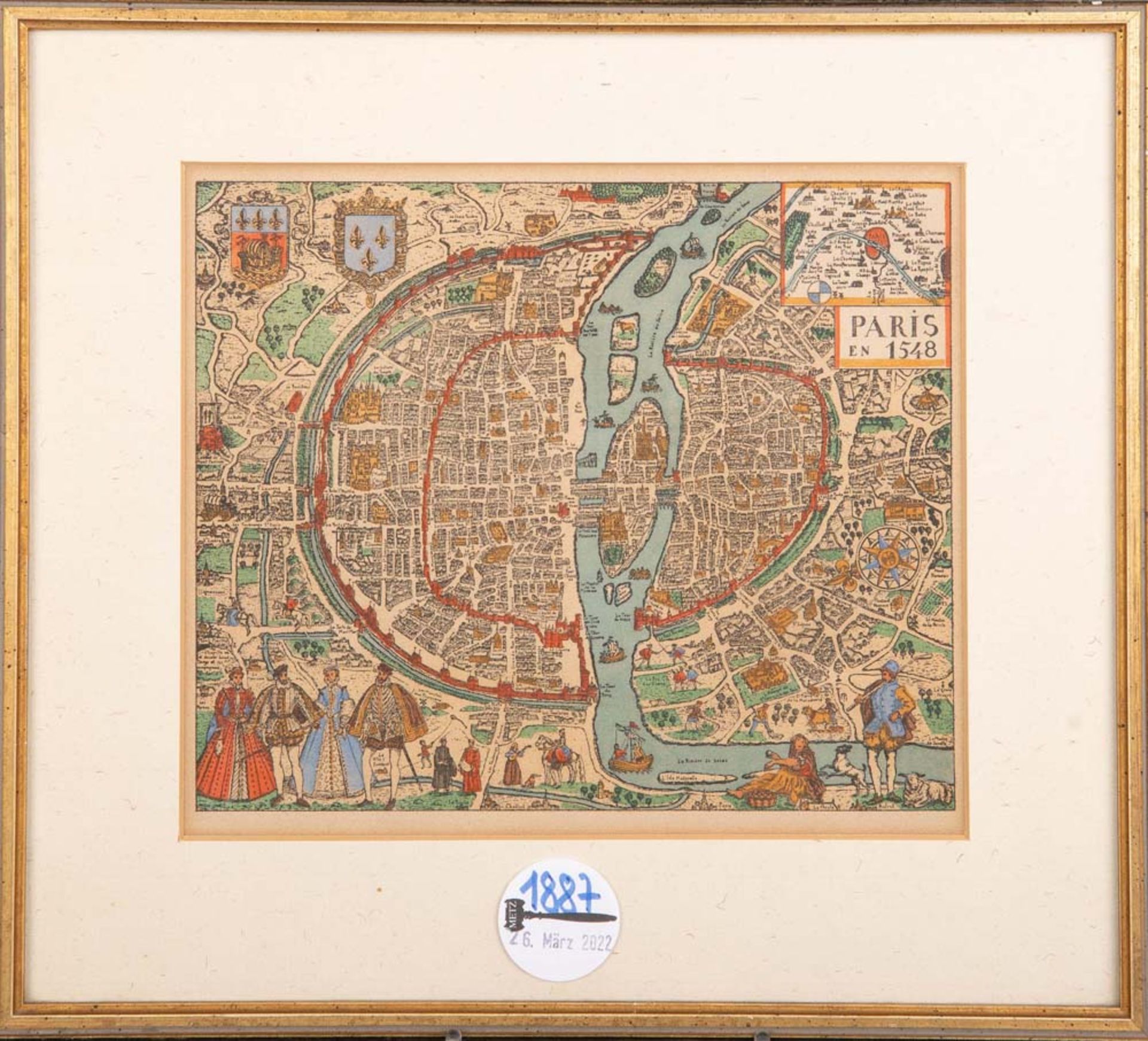 Graphiker des 18. Jhs. Ansicht von Paris. Colorierter Kupferstich, hi./Gl./gerahmt, 16 x 19 cm.