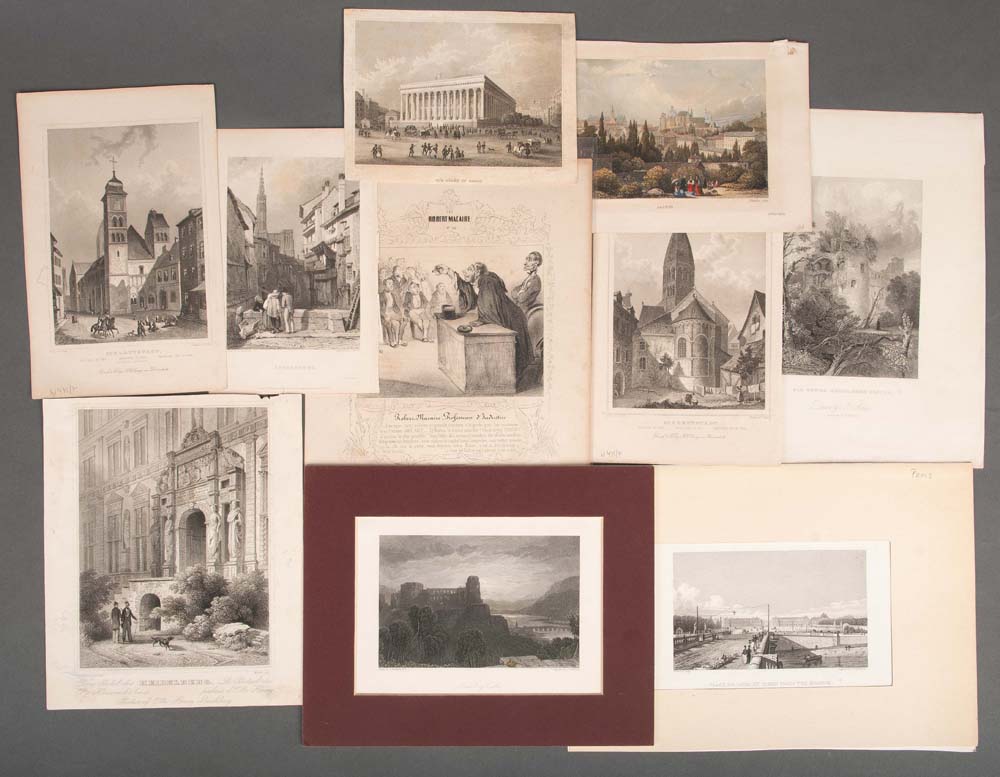 Konvolut Kupferstiche, teilw. coloriert, u.a. Heidelberg, Aachen, Straßburg, Gernsheim, Paris