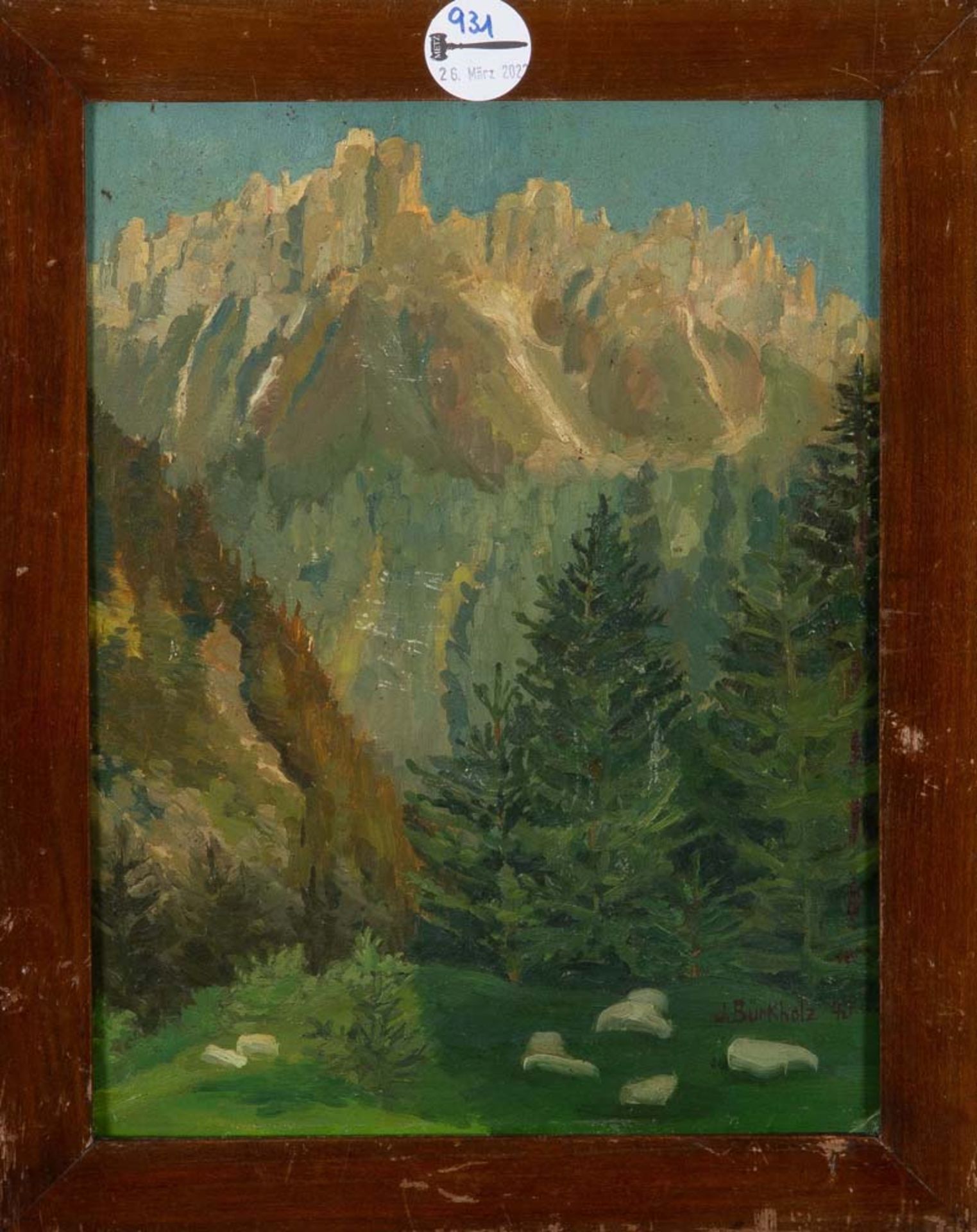 Isolde Bürkholz (aktiv um 1940). Gebirgslandschaft. Öl/Malkarton, gerahmt, re./u./sign./dat. (19)40,