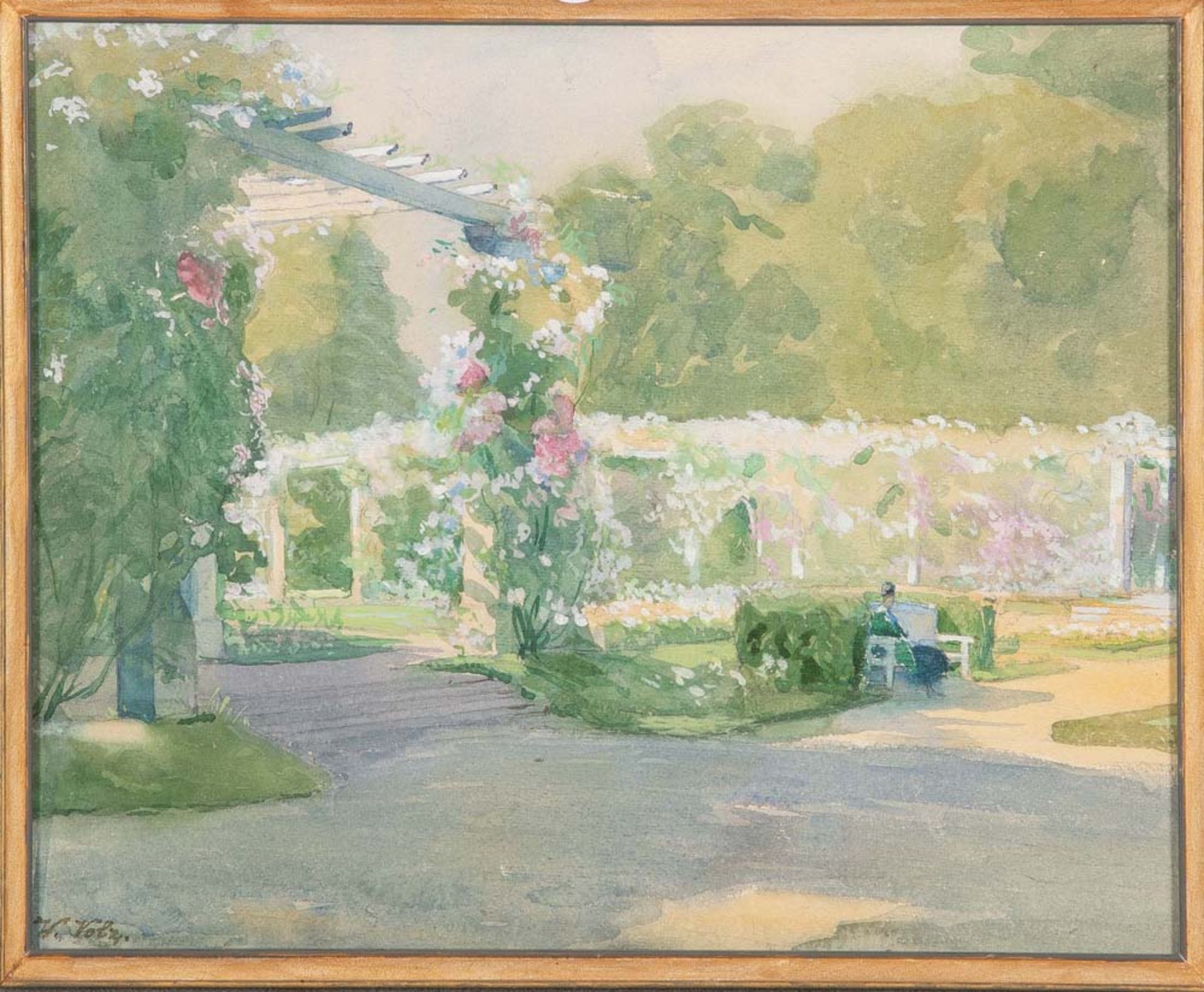 Wilhelm Volz (1855-1901). Gartenlandschaft mit Bank und Personenstaffage. Aquarell/Papier, li./u./