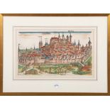 Graphiker des 18. Jhs. Stadtansicht von Nürnberg. Colorierter Holzschnitt, hi./Gl./ gerahmt, 33 x 54