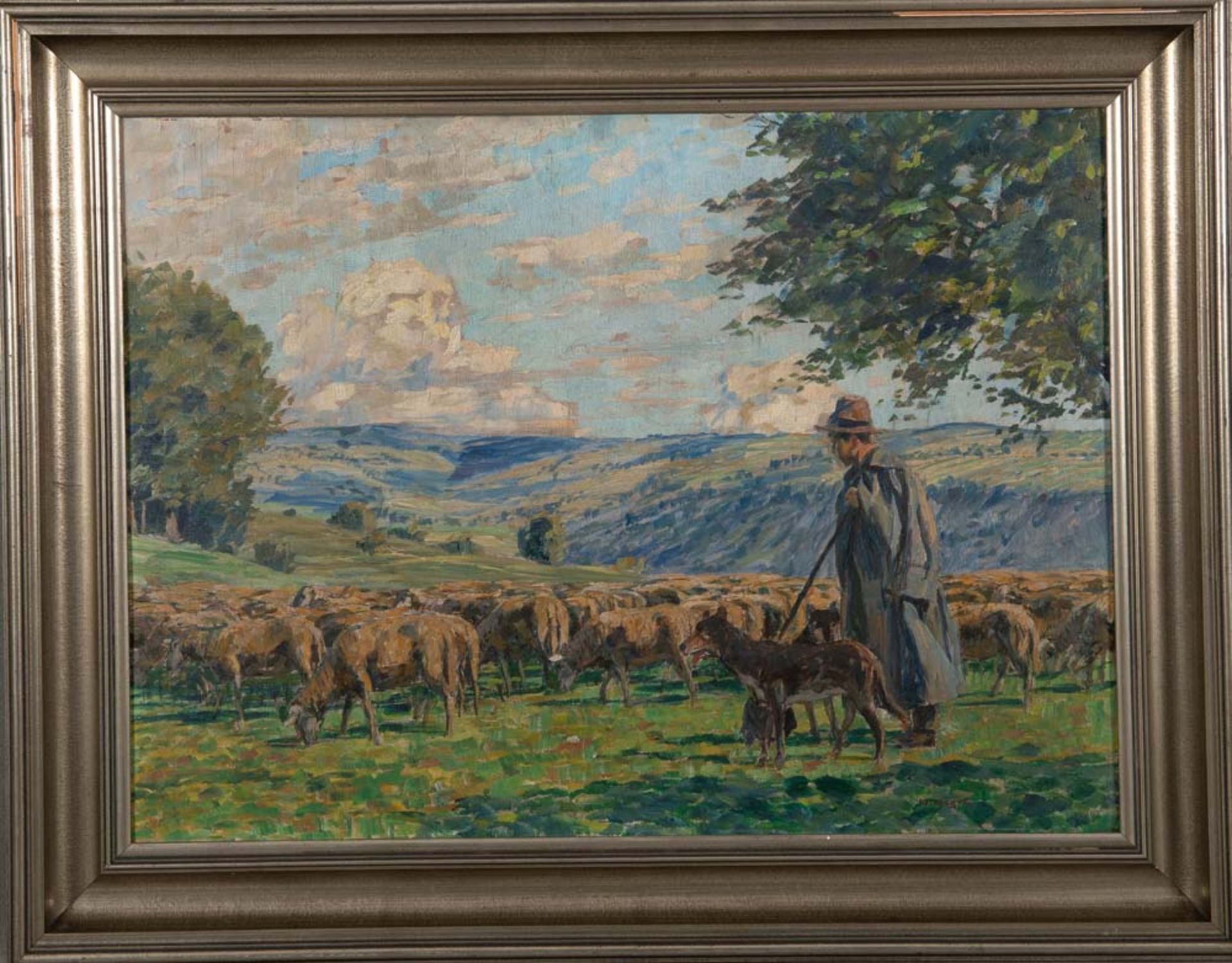 Wilhelm Nagel (1866-1945). Schäfer mit Hund und Herde in Landschaft. Öl/Holz, gerahmt, re./u./