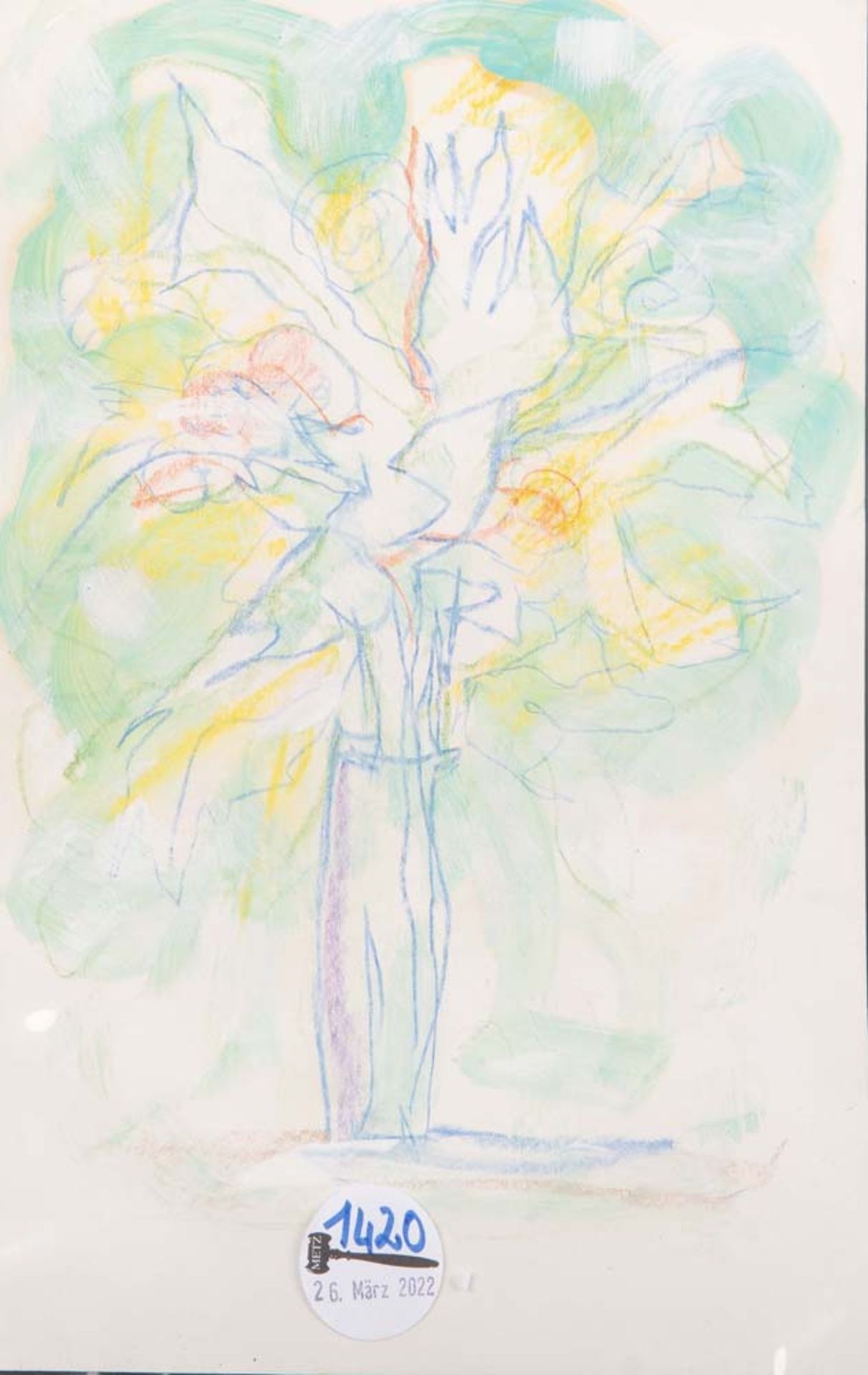 Pavel Krbálek (1928-2015). Blumenstrauß in Vase. Farbkreidezeichnung/Papier, verso mit Widmung des