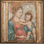 Muttergottes mit Kind. Italien 18./19. Jh. Terrakotta, reliefiert, farbig gefasst, holzgerahmt, H=