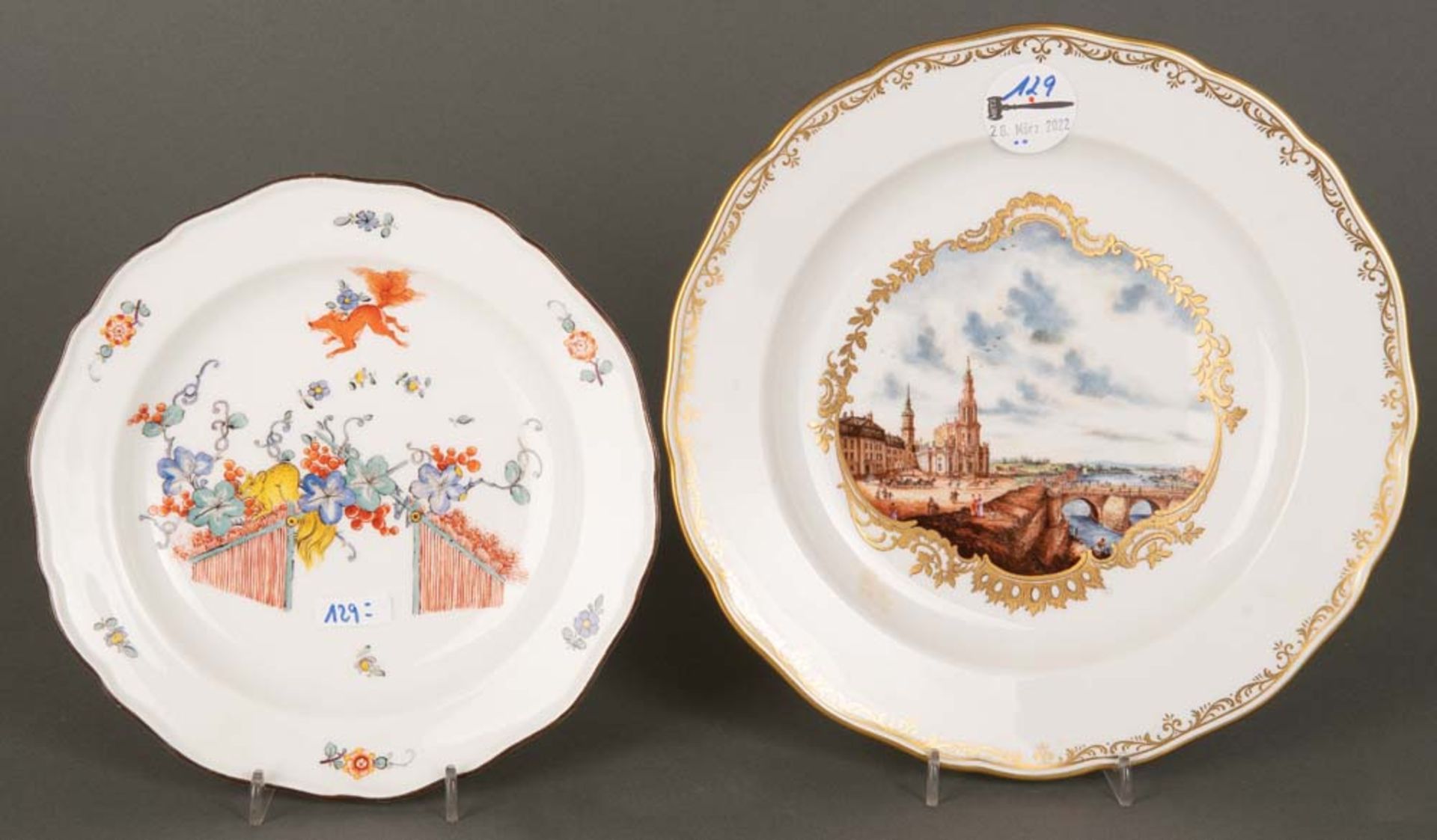 Zwei Teller. Meissen 19. und 20. Jh. Porzellan, bunt bemalt mit Ansicht von Dresden bzw.