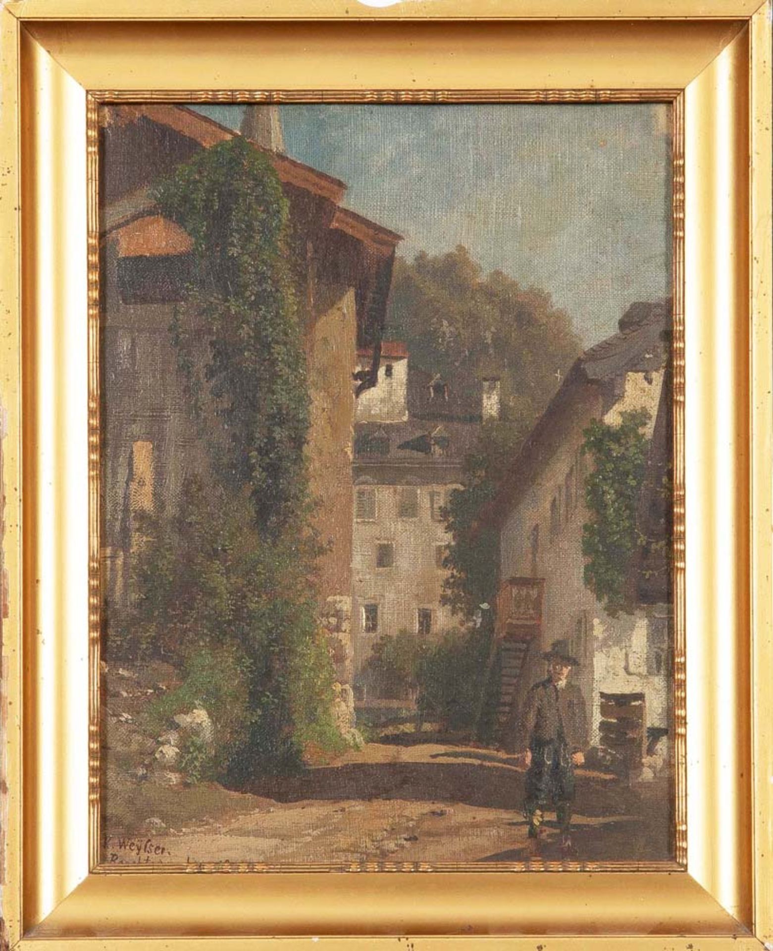 Karl Weysser (1833-1904). Dorfstrasse in Berchtesgaden mit Personstaffage. Öl/Malkarton, gerahmt,