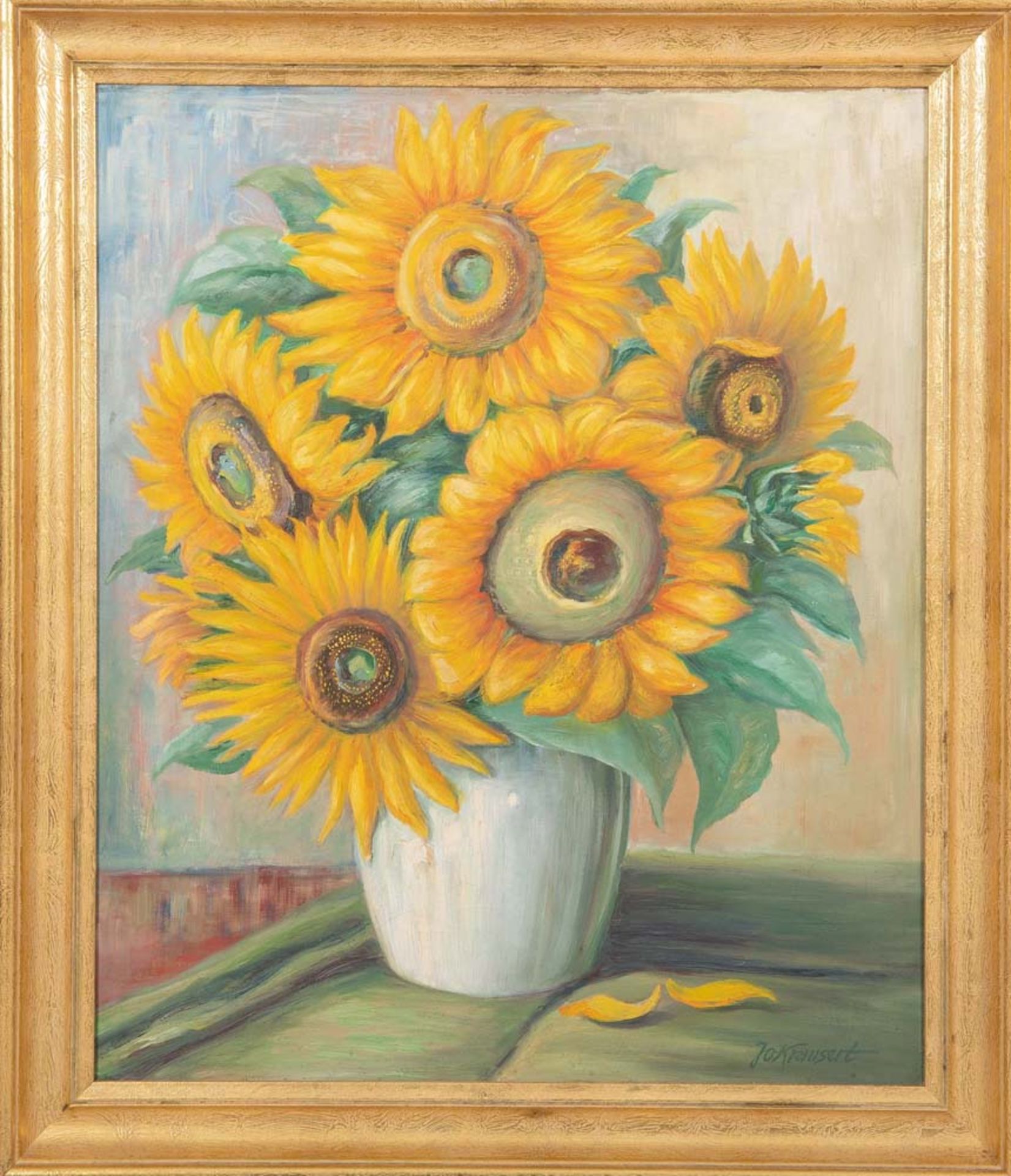 Jo Krausert (Maler des 20. Jhs.). Sonnenblumenstrauß in Vase. Öl/Lw., gerahmt, re./u./sign., 72 x 60