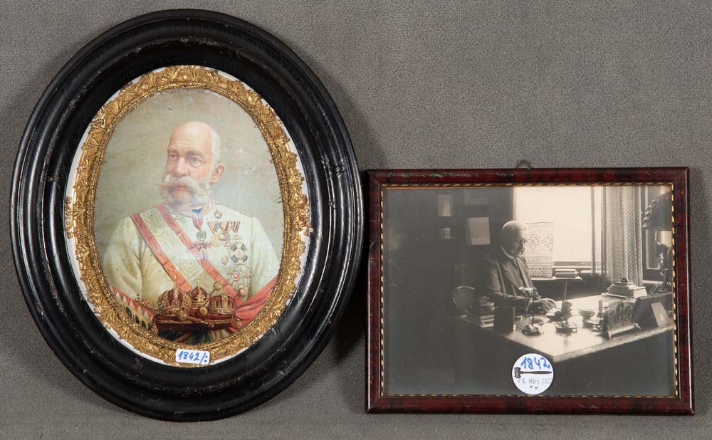 Druck im Rahmen von Franz Joseph Karl, aus dem Haus Habsburg-Lothringen; dazu Foto von