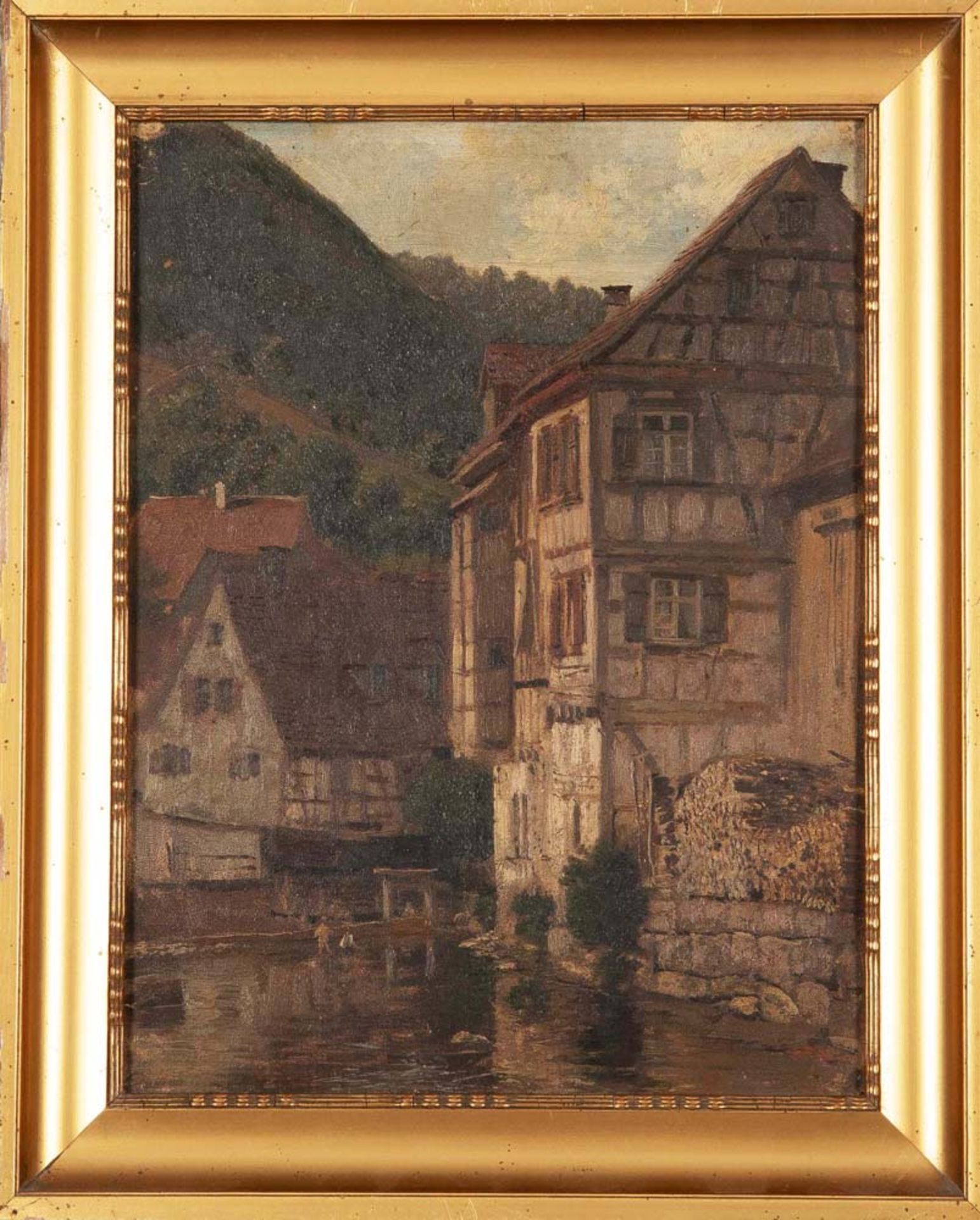 Karl Weysser (1833-1904). Fachwerkhäuser am Fluss. Öl/Malkarton gerahmt, 30 x 22,5 cm. (Wird im