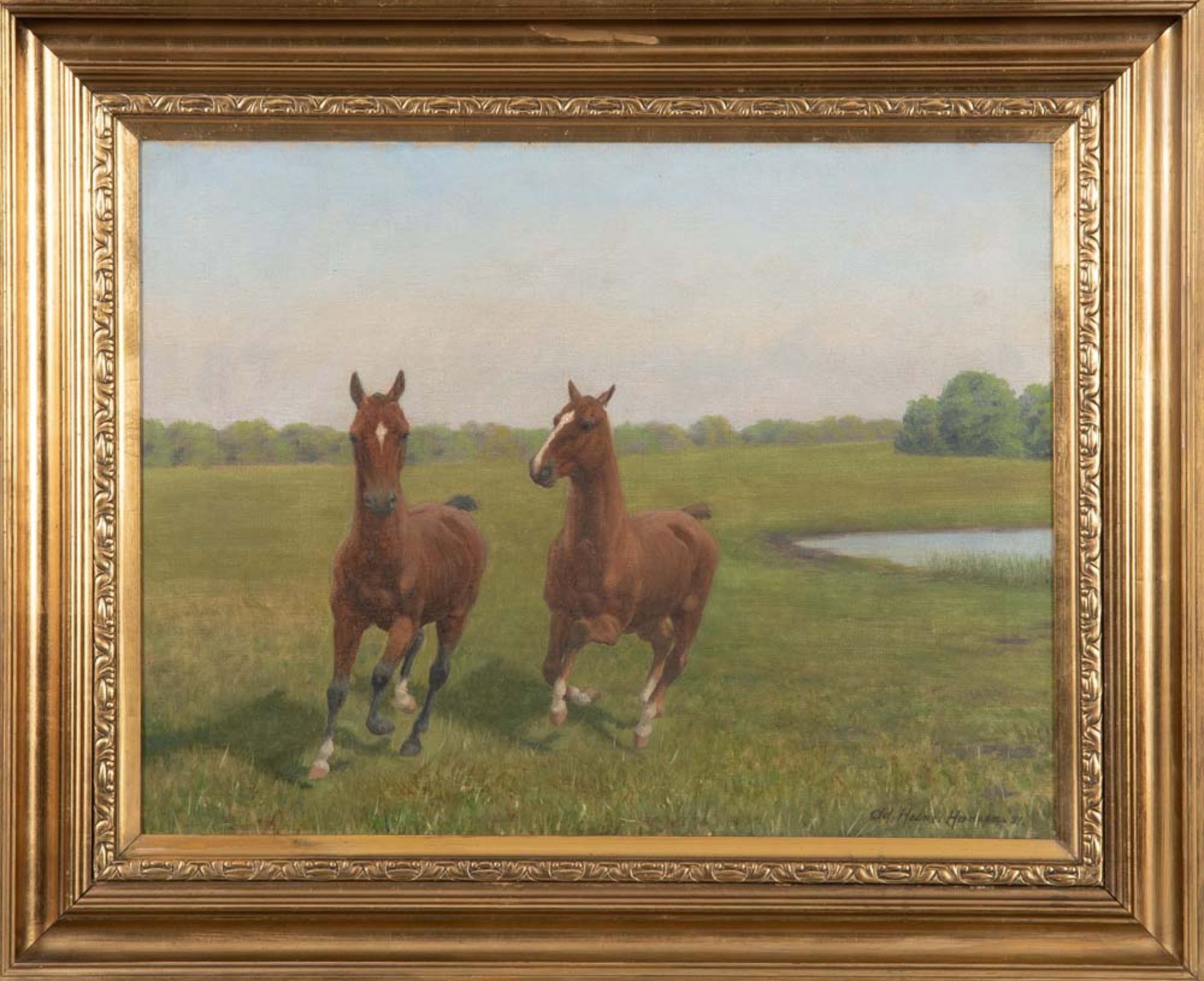 Adolf Heinrich Hansen (1859-1925). Zwei Pferde auf der Wiese, Öl/Lw./gerahmt, re./u./sign./dat. (