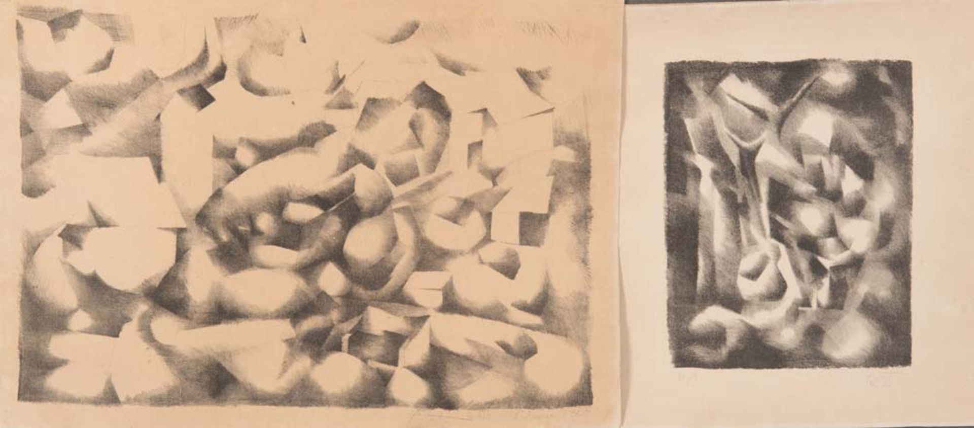 Yves Jobert (1930). Zwei abstrakte Kompositionen. Lithographien, Erstabzug bzw. 10/15, re./u./sign.,