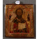 Ikone, Heiliger Nikolaus von Myra. Russland 19. Jh. Holz, bunt bemalt, H=30,2 cm, B=26 cm.