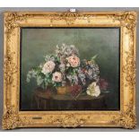 Cella Thoma (1858-1901). Blumenkorb mit Flieder und Rosen auf Tischplatte mit Schmetterling. Öl/Lw.,