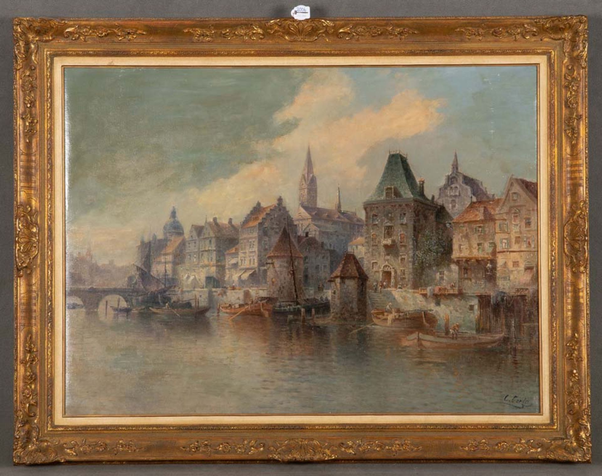 Karl Kaufmann (1843-1905). Stadt am Fluss mit Segelboot am Steg. Öl/Lw., re./u./sign., 74 x 99