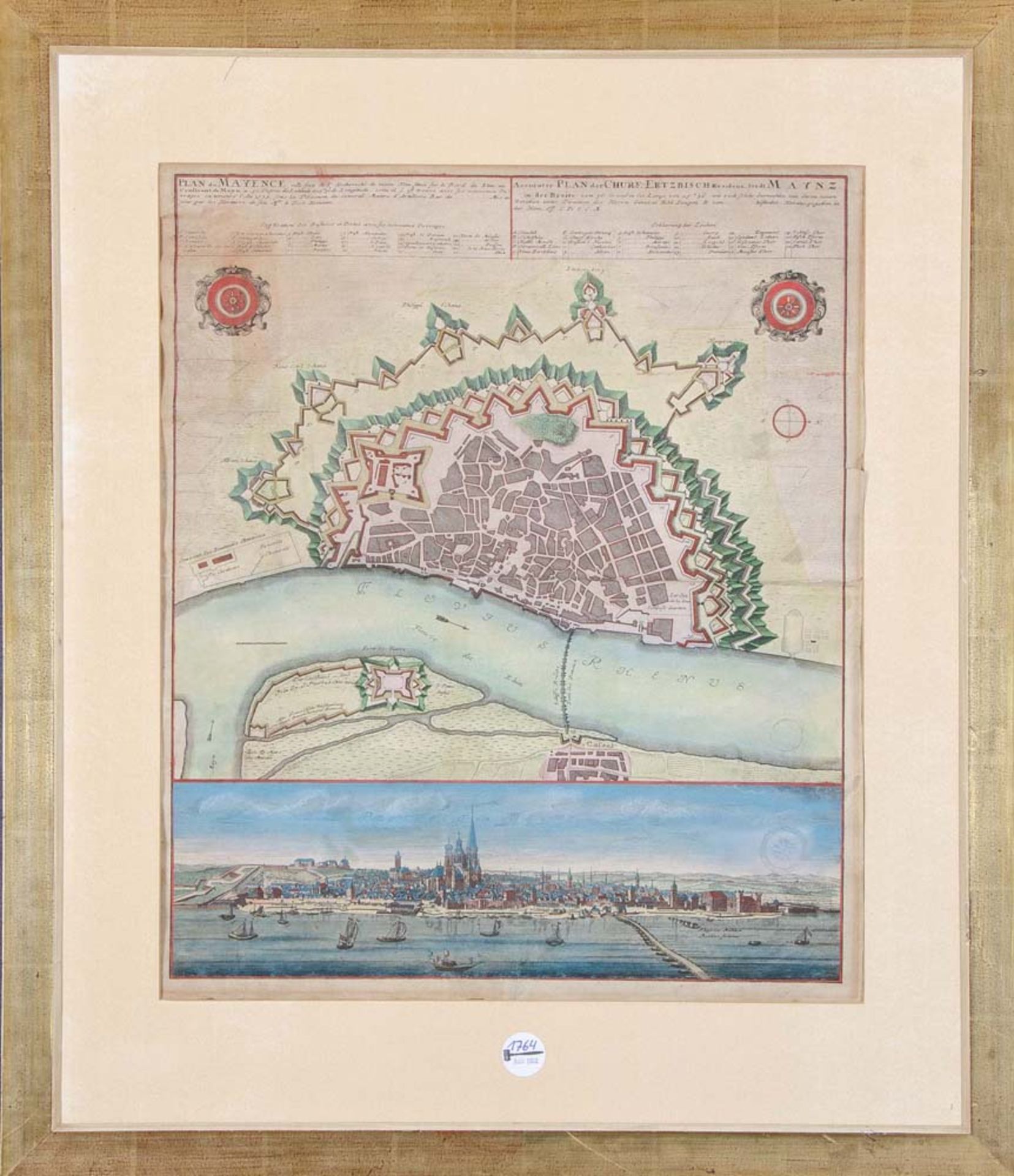 Johann Baptista Homann (1664-1724). Stadtplan und Ansicht von Mainz. Colorierter Kupferstich, in