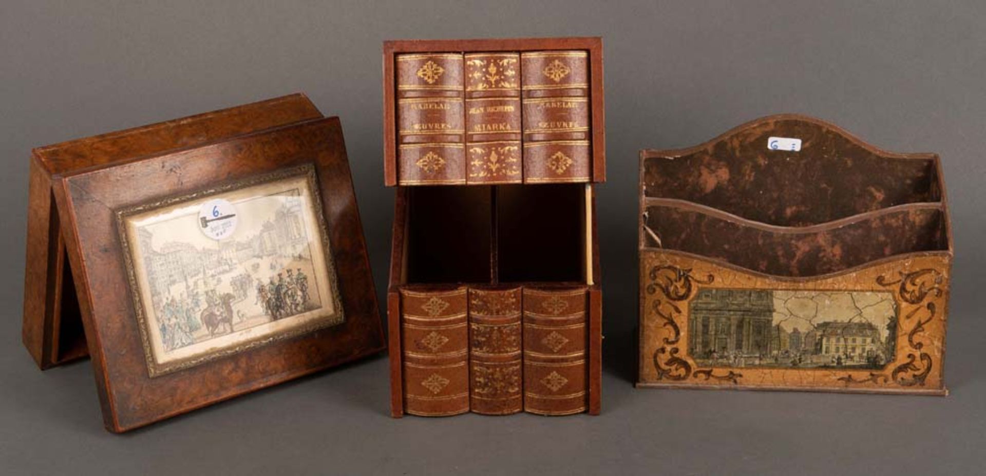 Dreitlgs. Konvolut. Deutsch bzw. England 19./20.Jh. Rechteckige Zigarrenbox (6,5 x 23 x 19,5 cm),