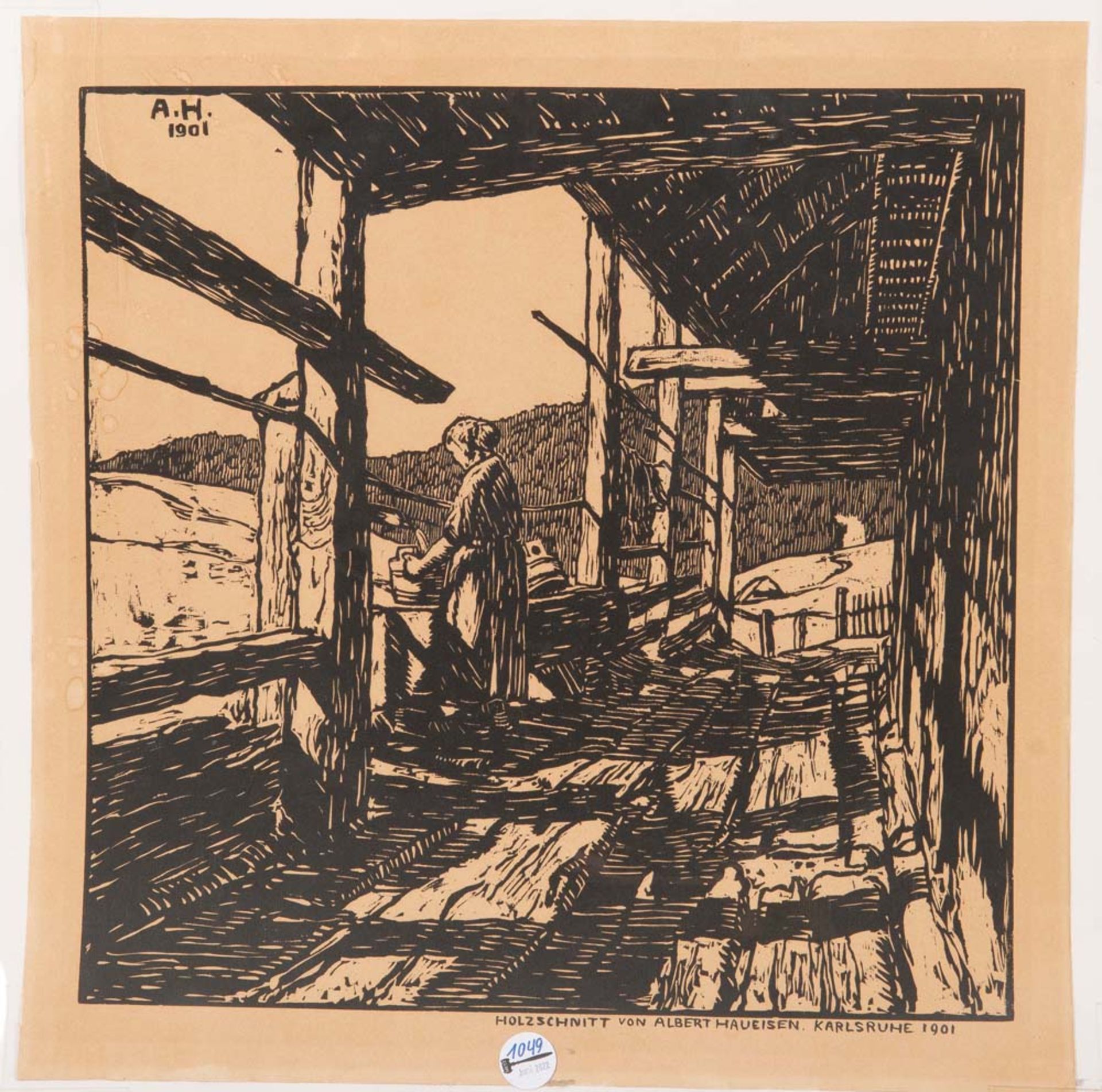 Albert Haueisen (1872-1954). Terrasse eines Hauses. Holzschnitt, o./li./monogr. „AH“, dat. 1901,