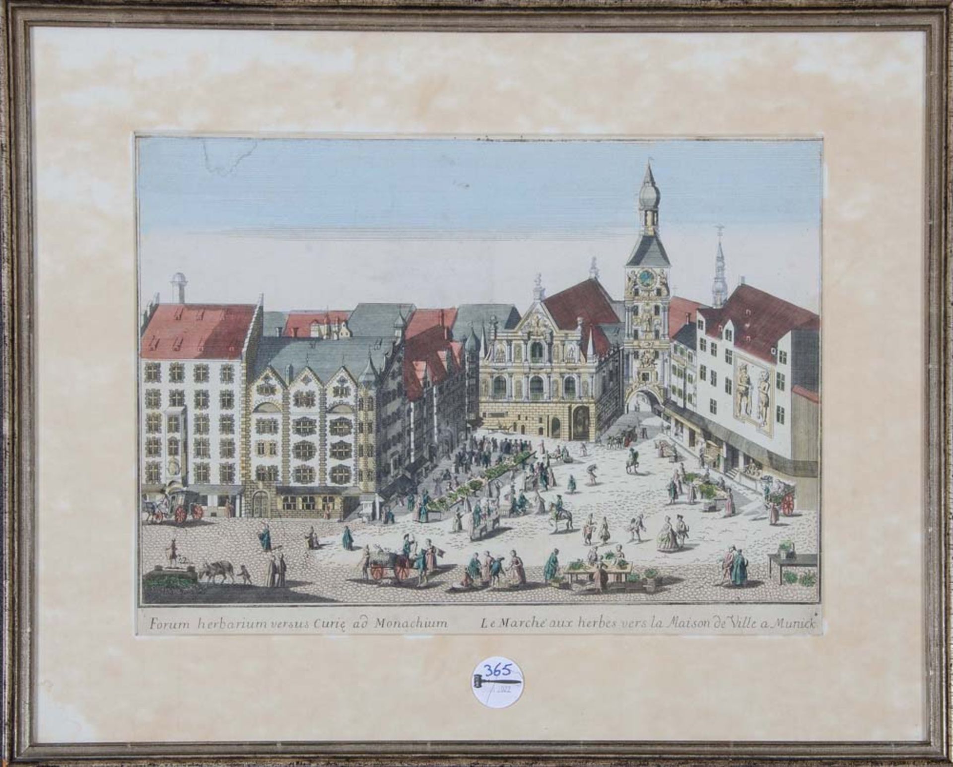 Graphiker des 18. Jhs. Marienplatz, München. Colorierter Kupferstich, hi./Gl./gerahmt. 28 x 40,5 cm.