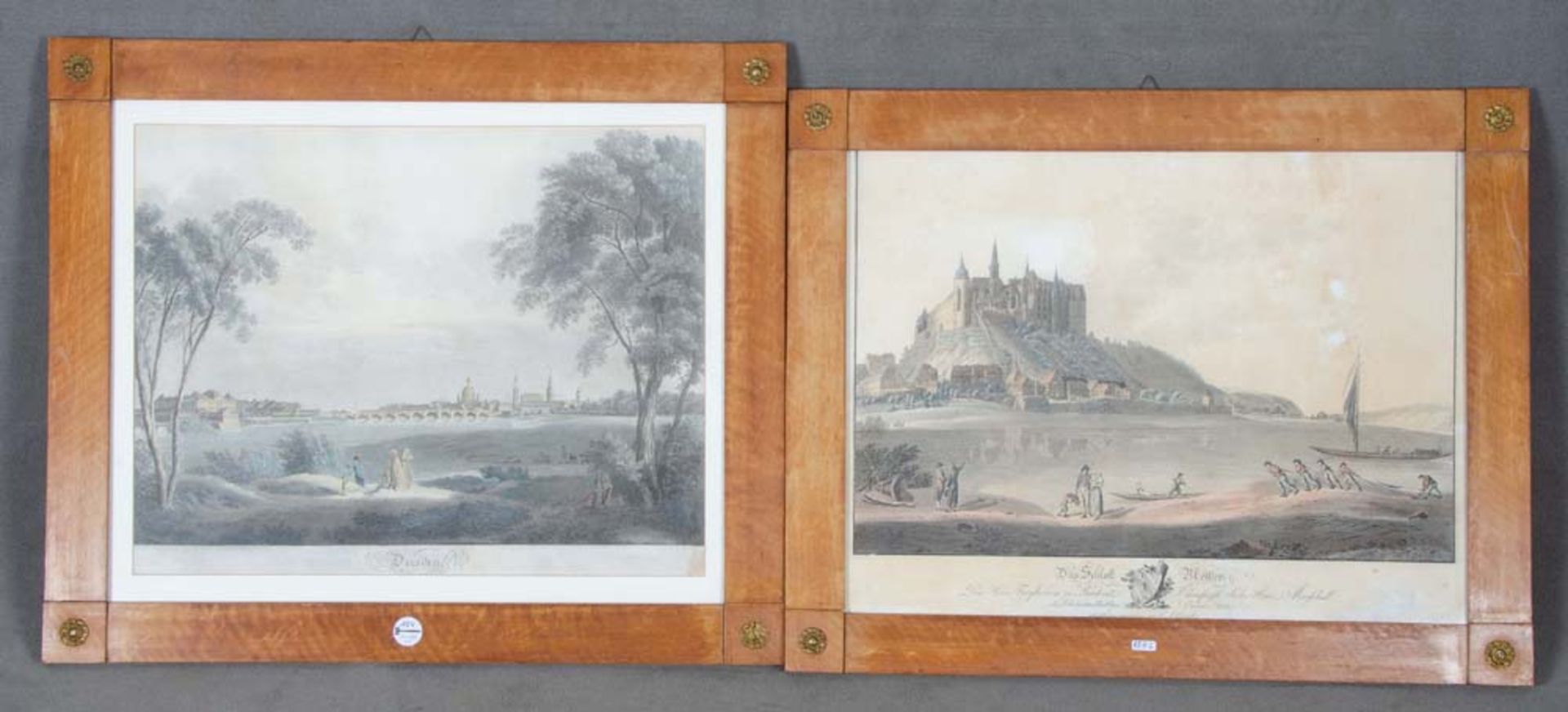 Graphiker des 19. Jhs. Ansicht von Dresden sowie von Schloss Albrechtsburg, Meissen. Aquatinta hi./