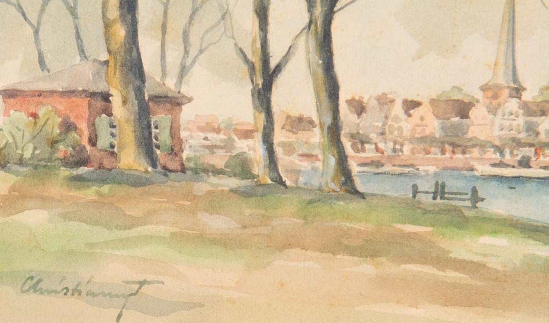 Christiansen (Maler des 20. Jhs.). Ansicht von Travemünde. Aquarell, hi./Gl. gerahmt, li./u./ - Bild 2 aus 2