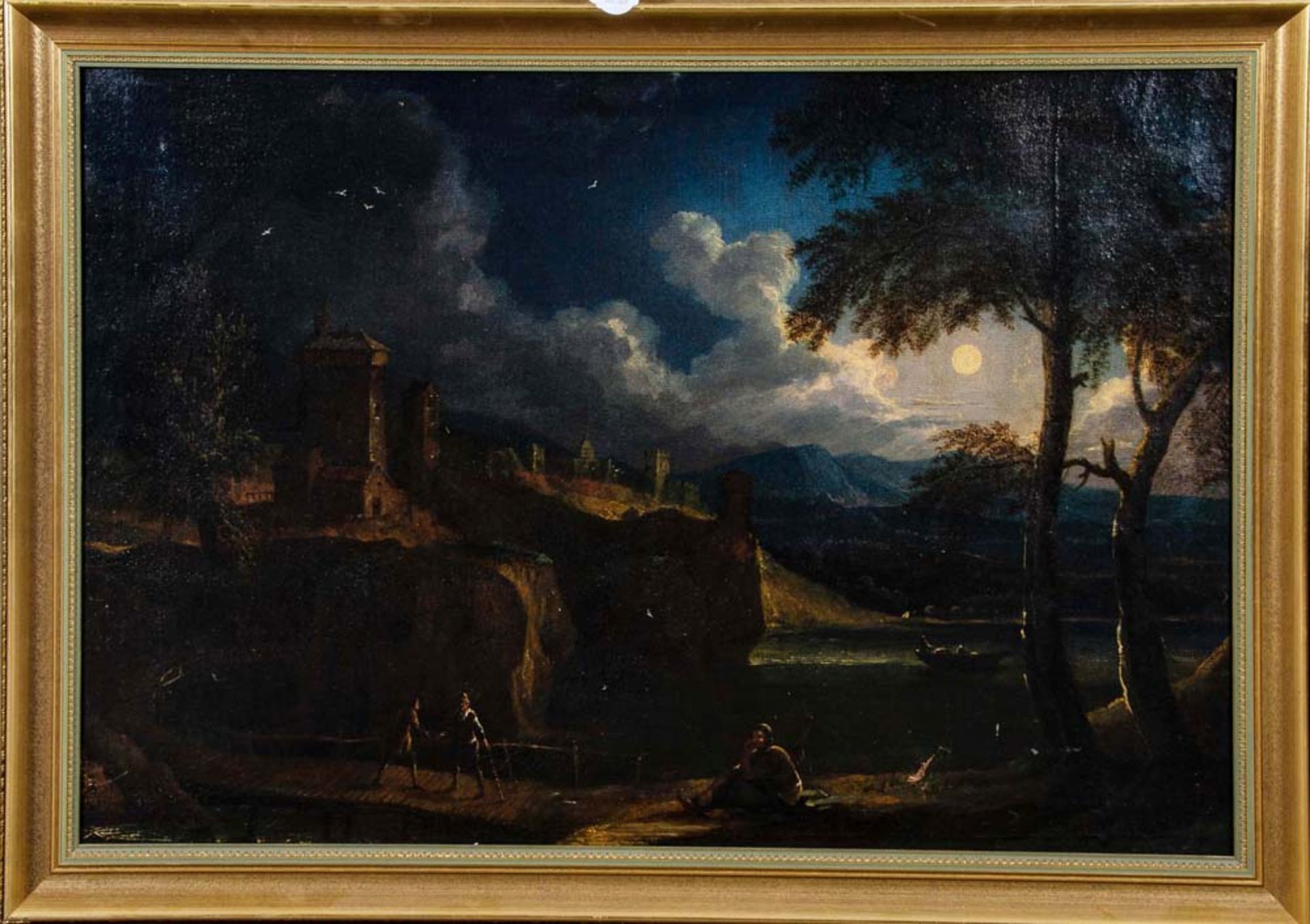 Maler des 18. Jhs. Abendstimmung am See, am Steg Personen, im Hintergrund Gebirge, Öl/Lw.,