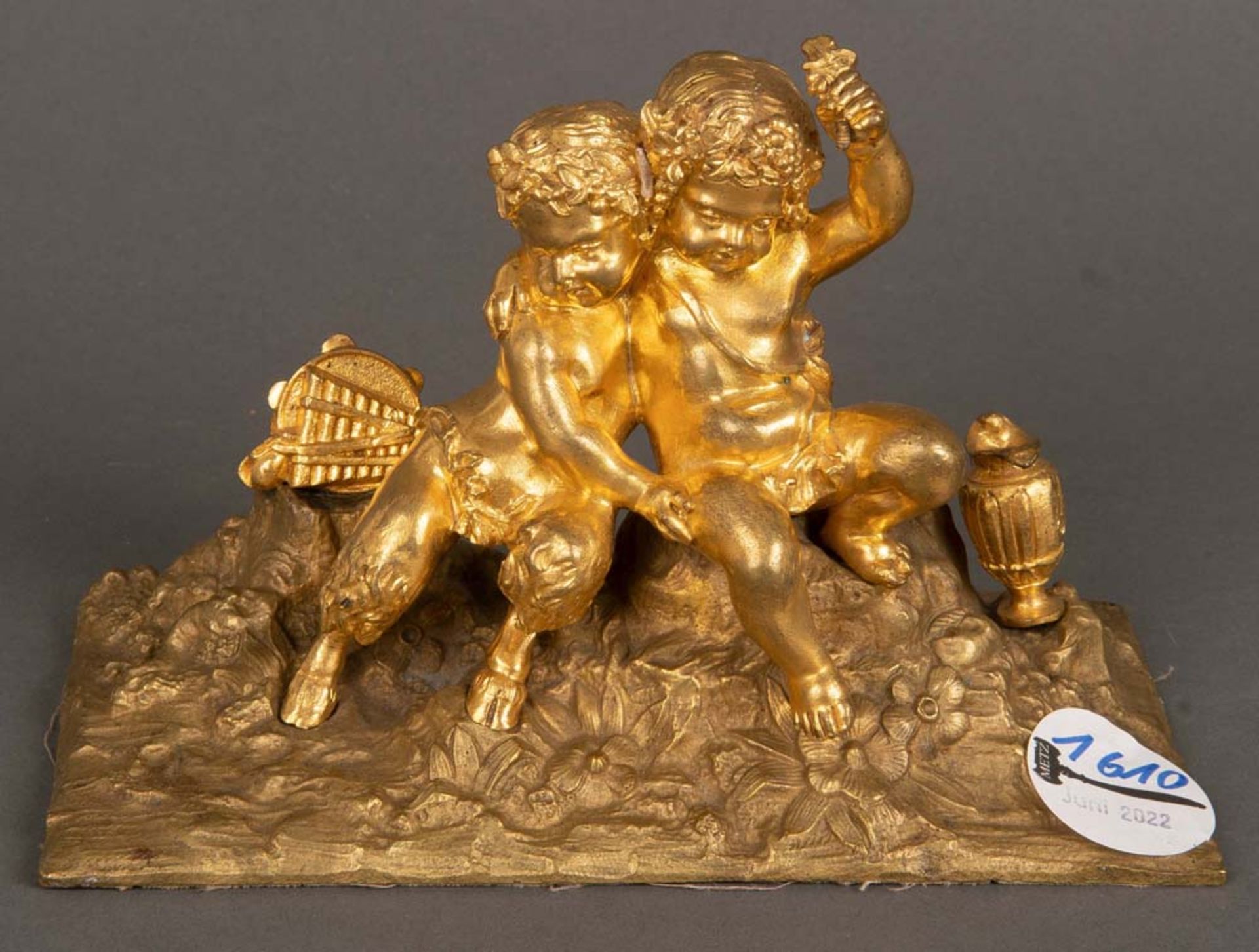 Französischer Skulpteur des 19. Jhs. Putto und Faun. Bronze, feuervergoldet, H=12 cm.