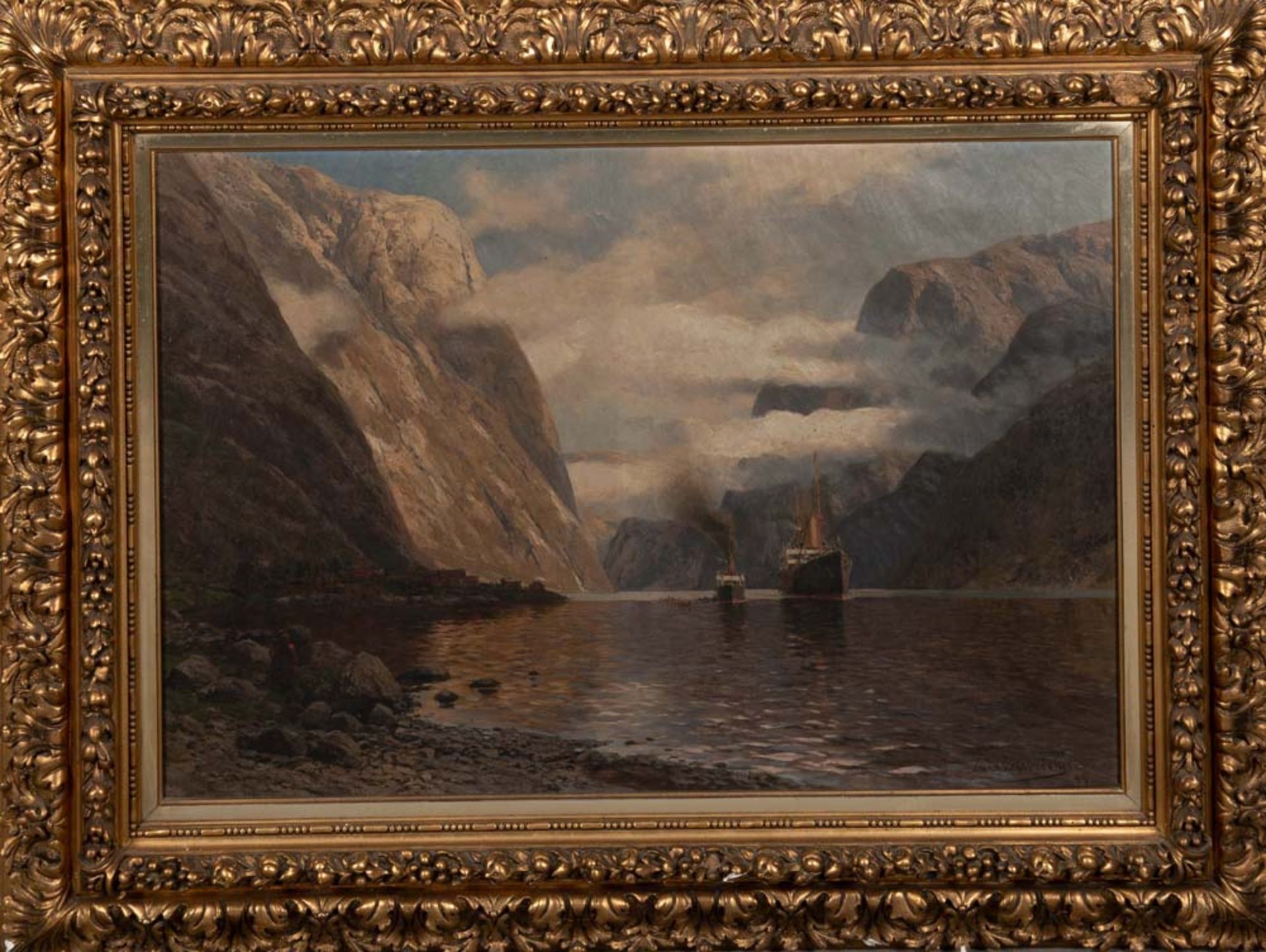 Themistokles von Eckenbrecher (1842-1921). Fjordlandschaft mit Schiffen und Personen. Öl/Lw., re./