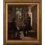 Maler des 19. Jhs. Zimmerinterieur mit Mann und Jungen beim Posaune spielen. Öl/Lw., gerahmt, 54 x
