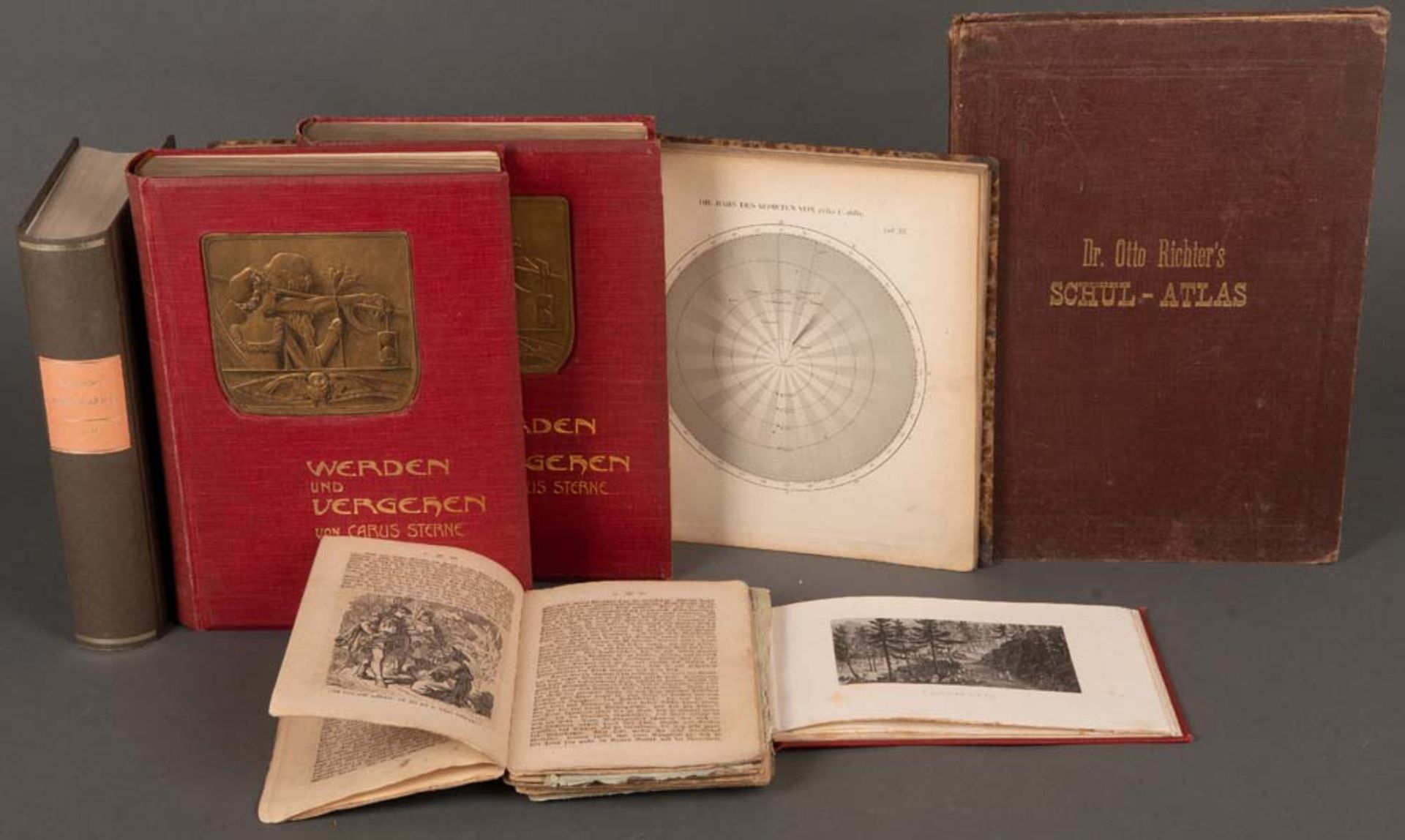 Sechs Bände Geographie/Wissenschaft, darunter „Album Pittoresque Seelisberg“ (Schweiz) und Atlas