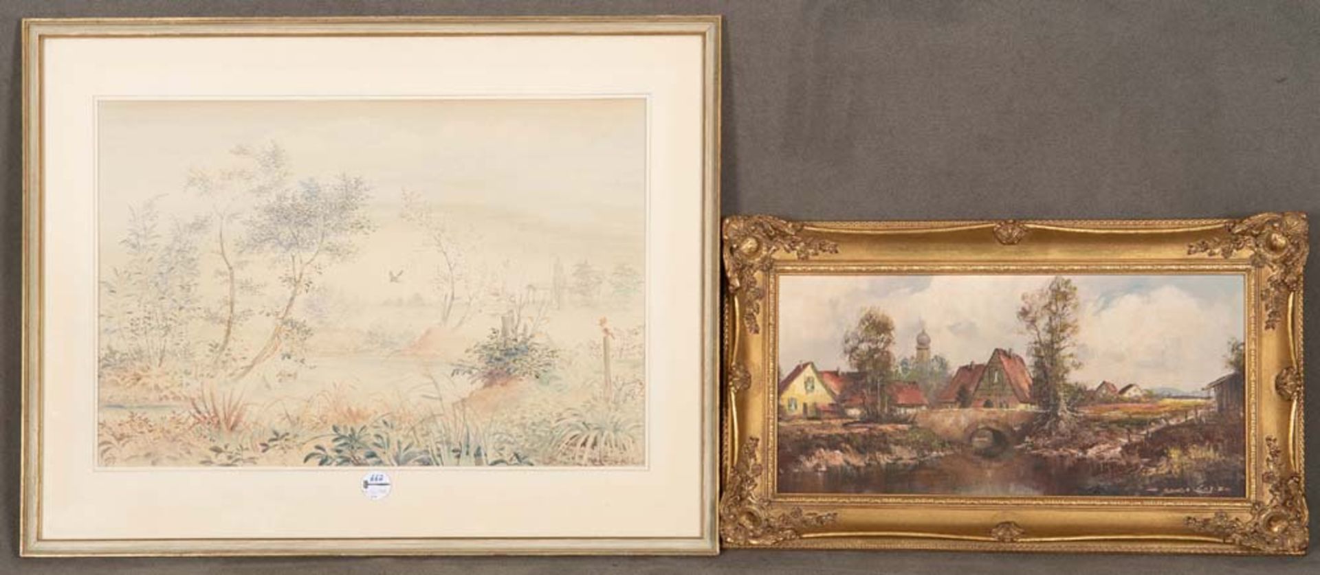 Maler des 20. Jhs. Landschaft bzw. Dorfansicht. Aquarell bzw. Öl/Lw., re./u./sign. Kortling bzw.