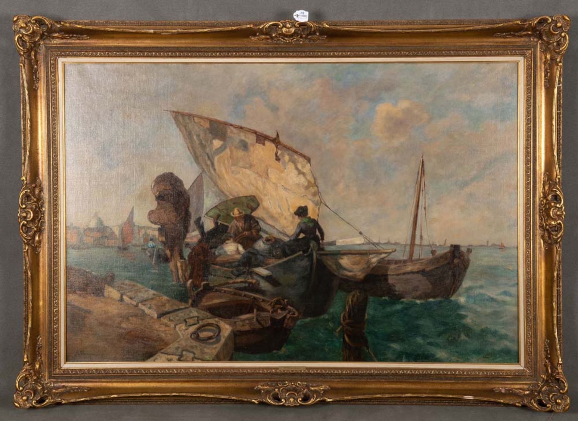 M. Fleischmann (Maler des 20. Jhs.). Segelboote mit Personen, am Kai. Öl/Lw., li./u./sign., gerahmt,