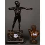 Eugen Börmel (1858-1932). Männerbüste. Bronze, sign., H=14,5 cm. Dazu stehender Krieger. Bronze, auf