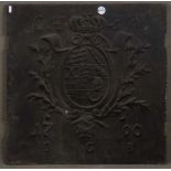 Quadratische Ofenplatte mit dem Wappen und den Initialen Wilhelm I., dat. 1790. Gusseisen, unterhalb