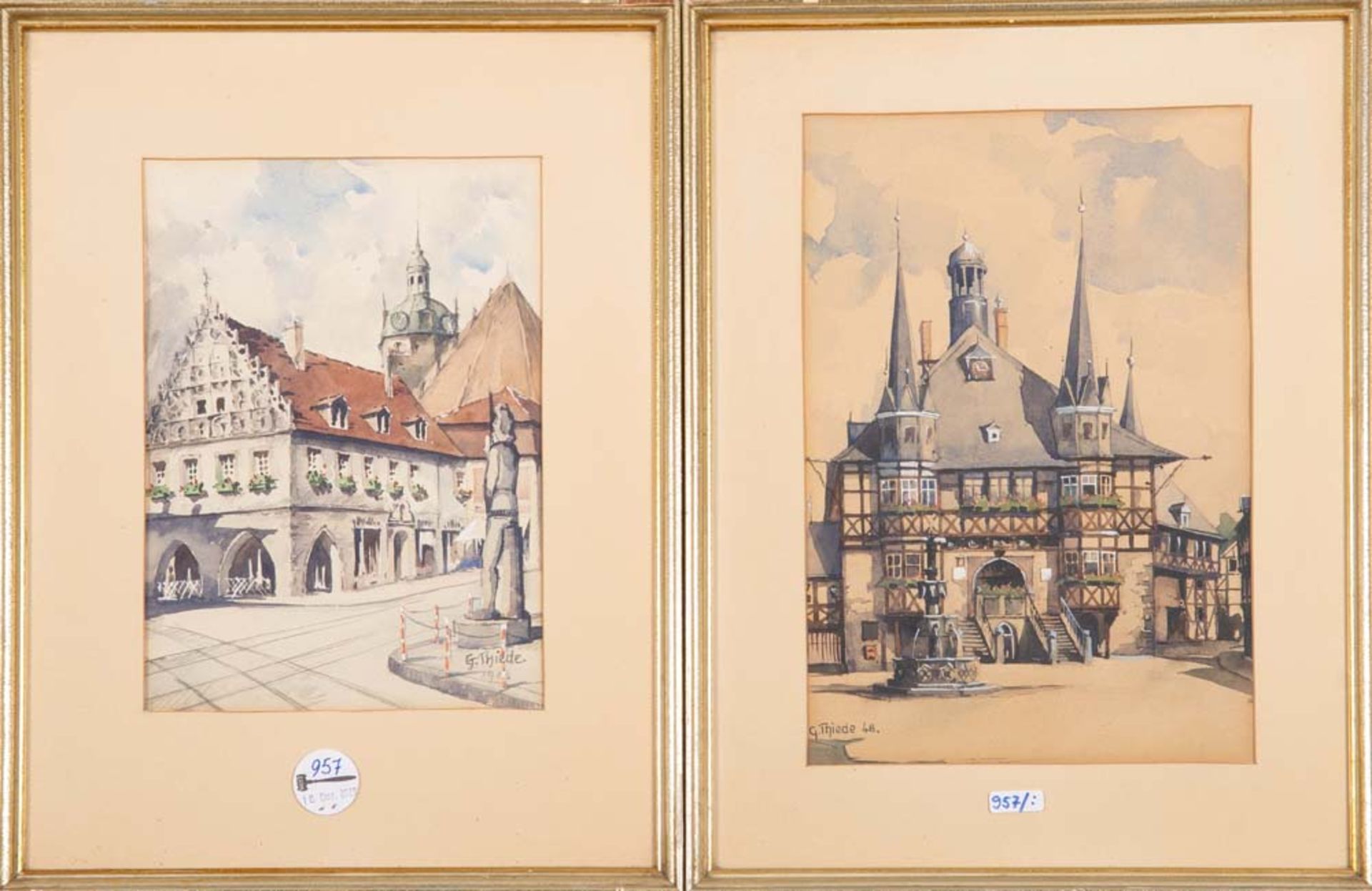 G. Thiede (Maler des 20. Jhs.). Ansicht des Rathauses Wernigerode sowie weitere Gebäudeansicht.