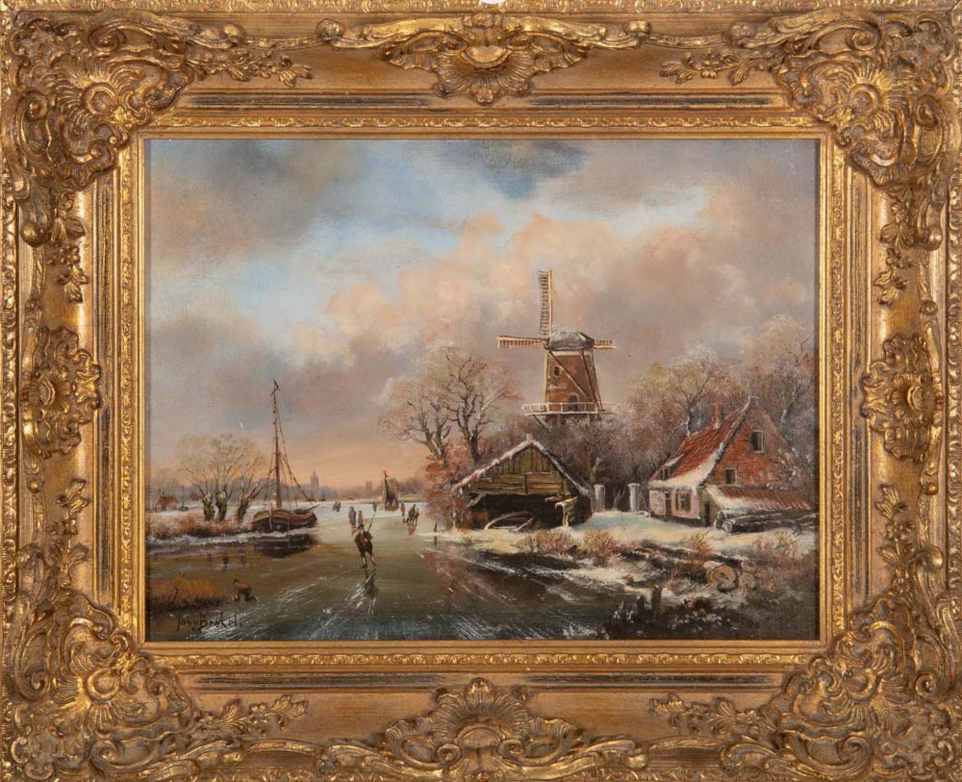 Jos. v. Brokel (Maler des 20. Jhs.). Winterlandschaft mit Windmühle und Eisläufern. Öl/Sperrholz,