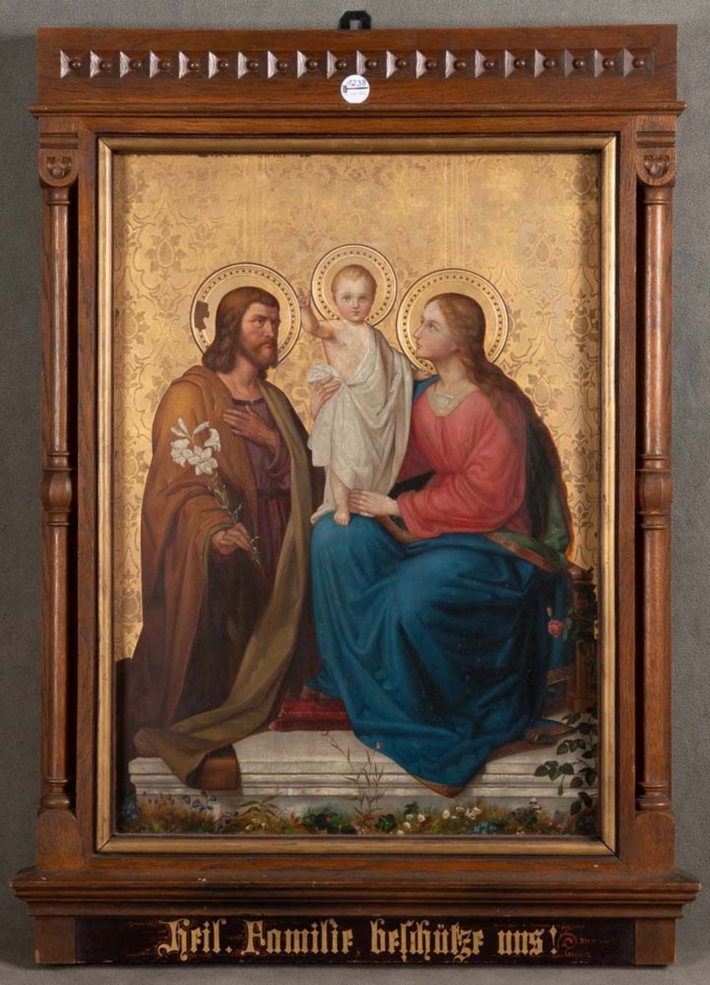 Maler um 1900. Die Heilige Familie. Öl/Kupfer, massiver Eichenrahmen, teilw. geschnitzt, 76 x 53,5
