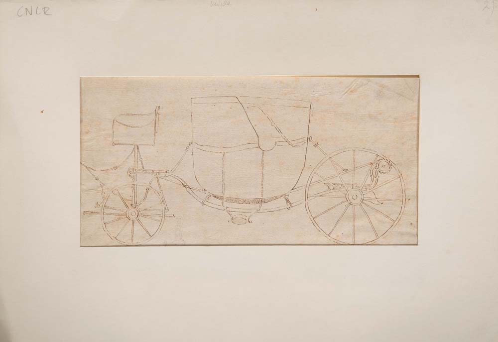 Maler des 19. Jhs. Seitenansicht einer Kutsche um 1800 beim Sattler Voigt in Rotha. Federzeichnung
