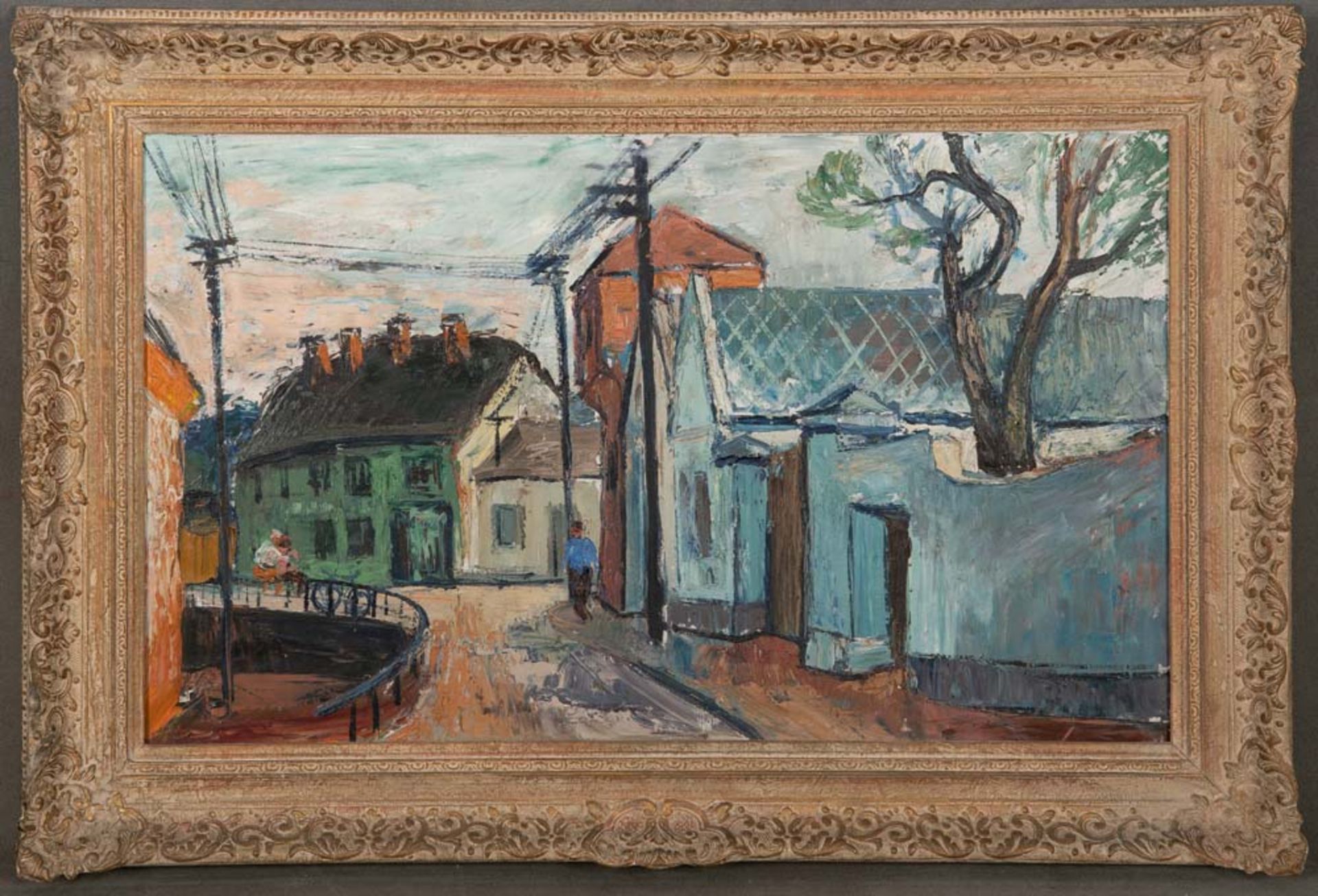 Viktor Pipal (1887-1971) attrib. Dorfstraße mit Fußgänger. Öl/Lw., gerahmt, 60 x 100 cm. **