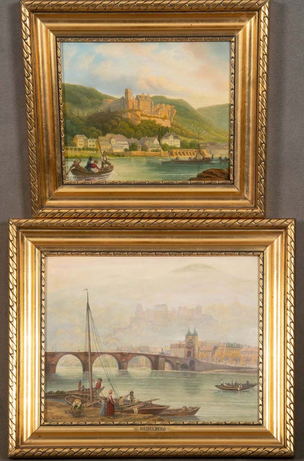 Carl Kessler (1876-1968). Zwei Ansichten von Heidelberg. Blick auf Brücke, Stadt und Schloss. Öl/