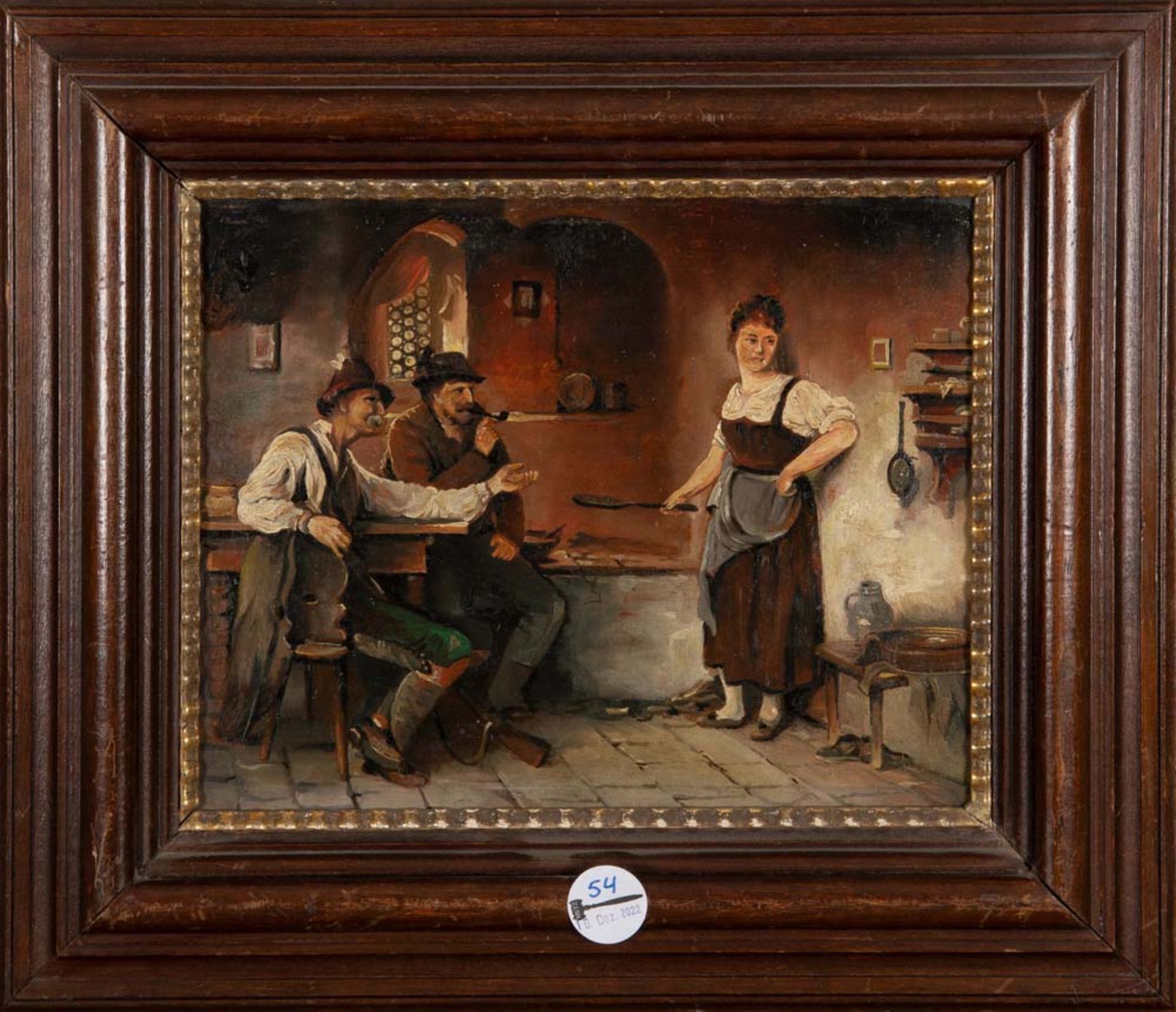 Maler des 20. Jhs. Bauernküche mit Personen. Öl/Hartfaser, gerahmt, 26 x 32 cm.