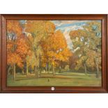 Emmy Lischke (1860-1919). „Park im Herbst“. Öl/Malkarton, verso Original-Klebeetikett mit