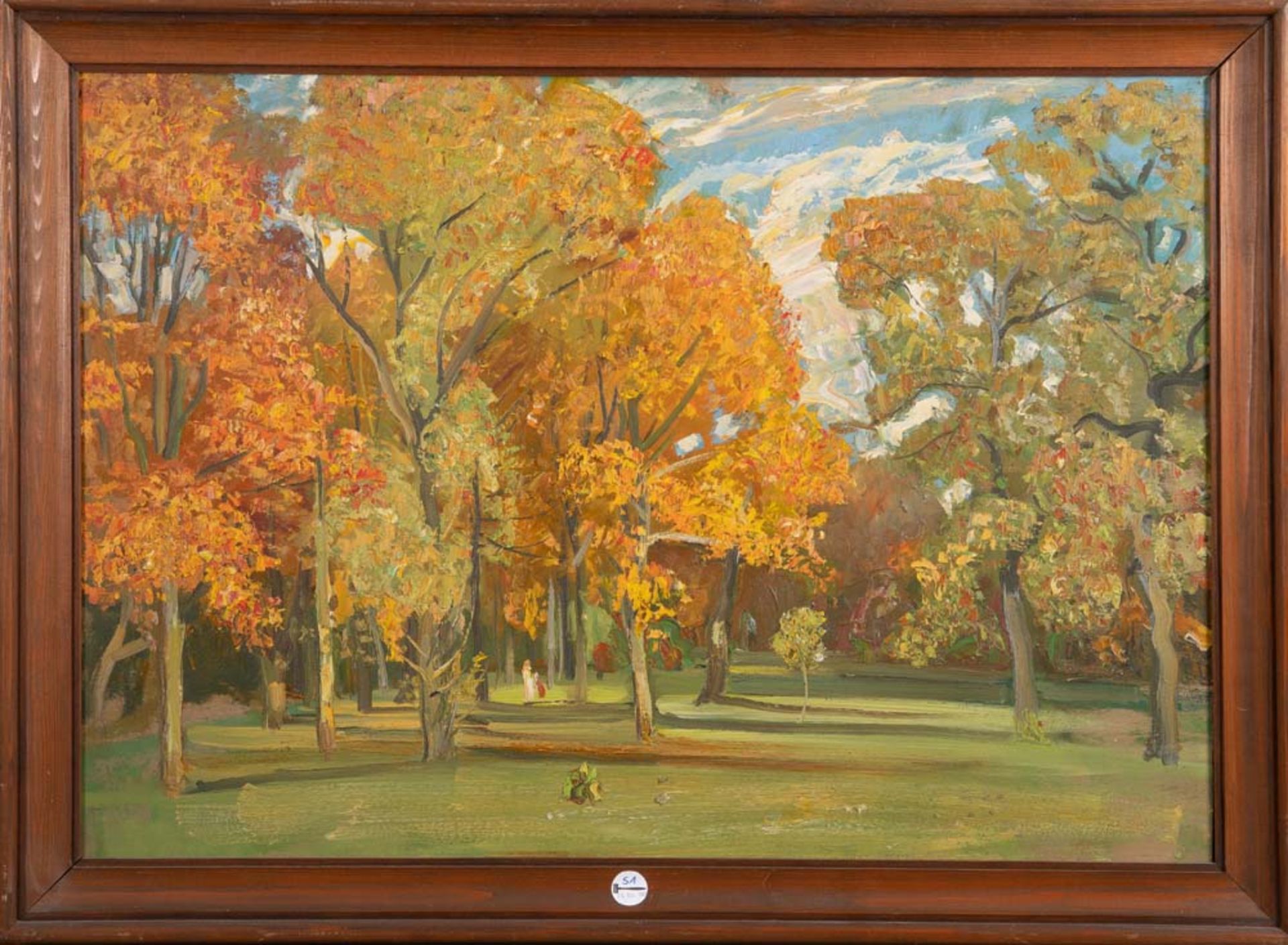 Emmy Lischke (1860-1919). „Park im Herbst“. Öl/Malkarton, verso Original-Klebeetikett mit