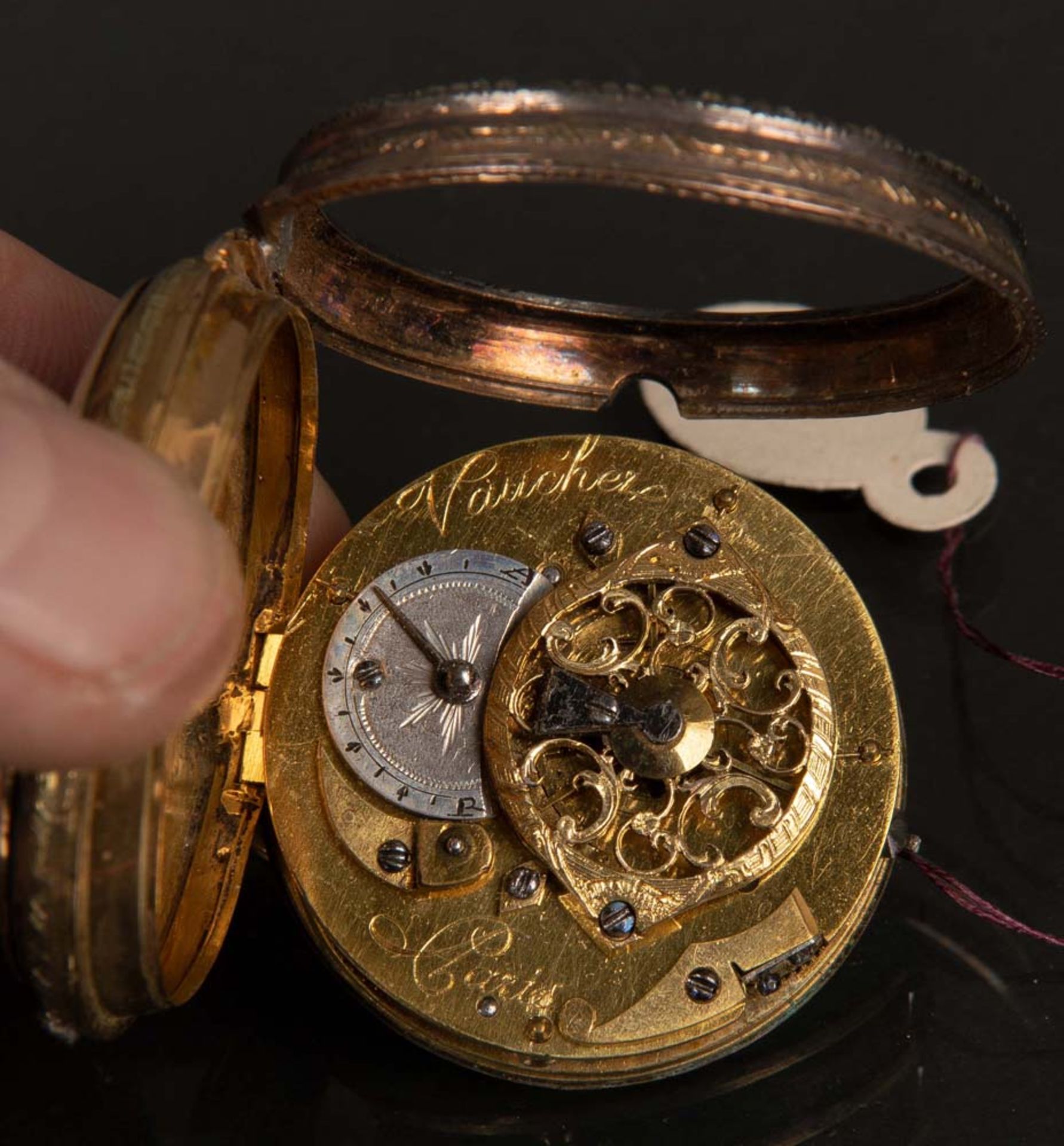 Spindel-Taschenuhr. Paris, Vauchez. 18 ct Gold, besetzt mit Emaille / Diamantrosen. (Funktion - Bild 2 aus 2