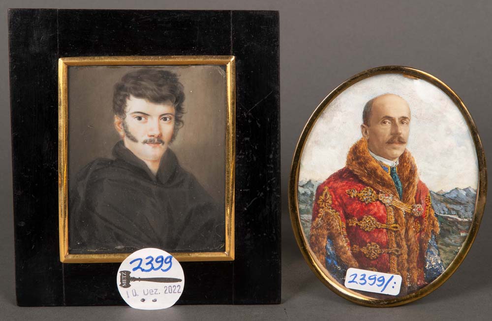 Maler des 19. Jhs. Zwei Herrenporträts. Puderfarben/Tafel, hi./Gl./gerahmt., 8,5 x 7 cm bis 10,5 x 8