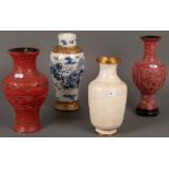Vier verschiedene Vasen. Asien. Porzellan, Cloisonné und Lack, H=22,5 bis 27 cm. (besch.)