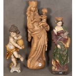 Drei Holzfiguren. Deutsch 20. Jh. Mutter Gottes mit Kind, Putto, hl. Katharina. Holz, geschnitzt,