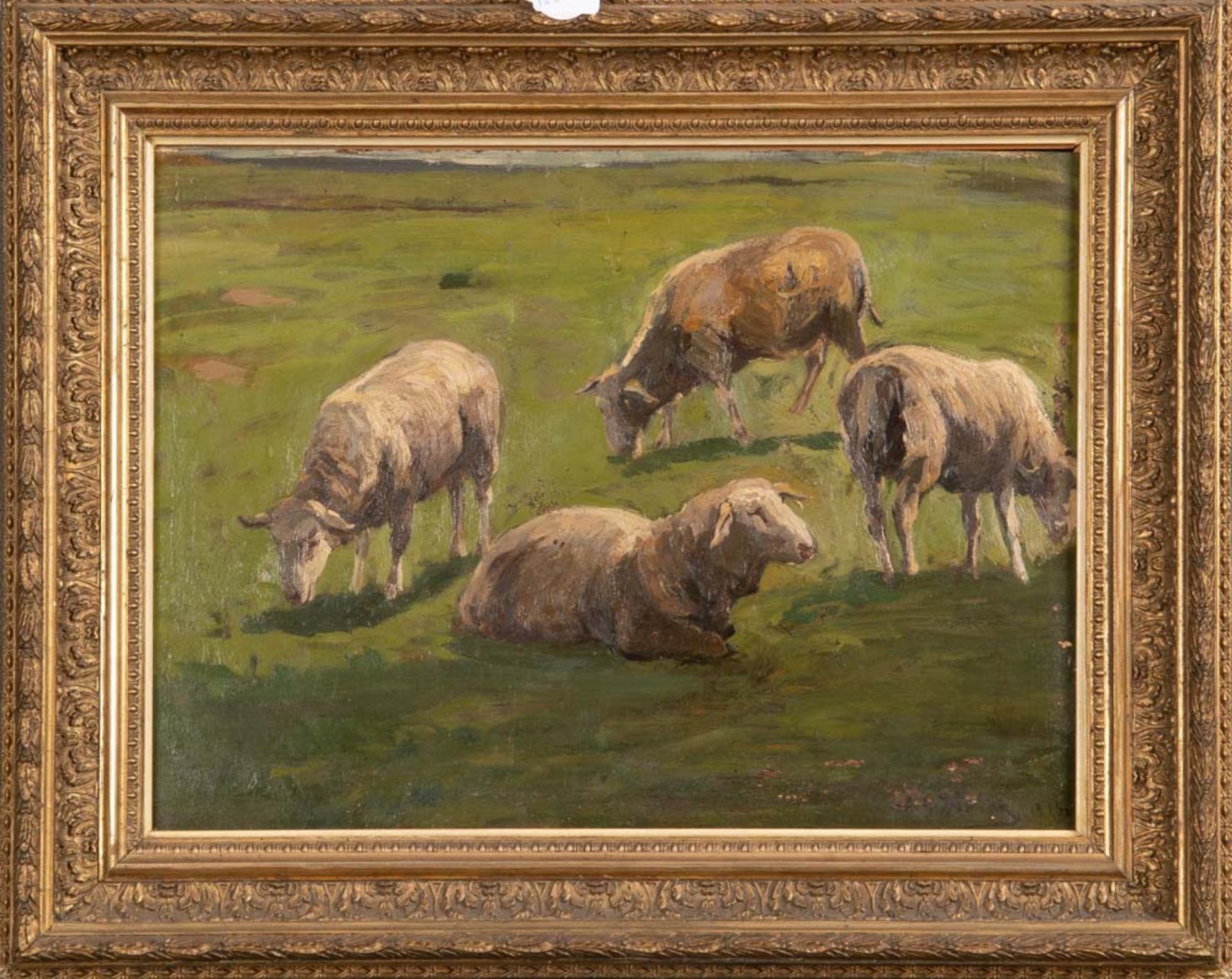Maler des 19. Jhs. Schafe auf Wiese. Öl/Malkarton, re./u./unleserlich sign., dat. 1918, gerahmt,
