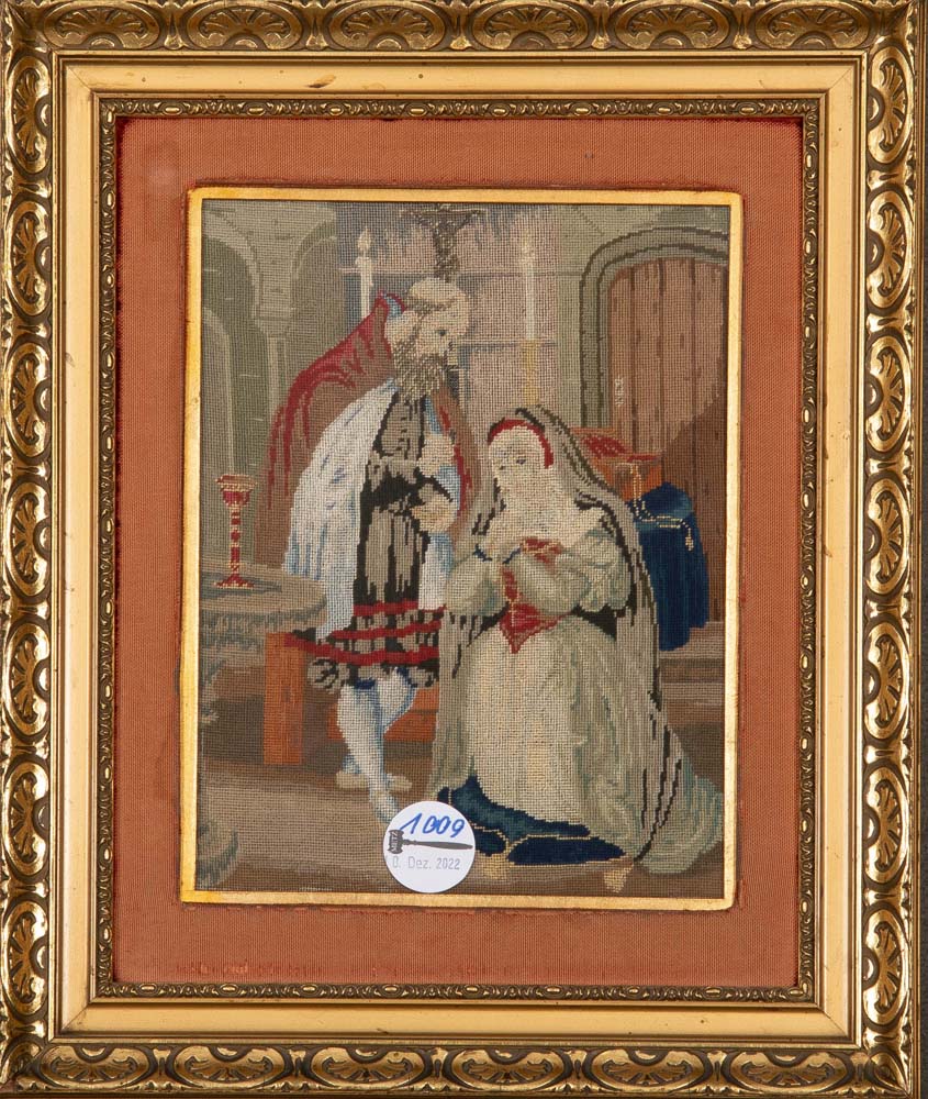 Stickbild mit christlicher Szene. Wohl Frankreich 20. Jh. Stoff, hi./Gl./gerahmt, 23,5 x 18 cm.